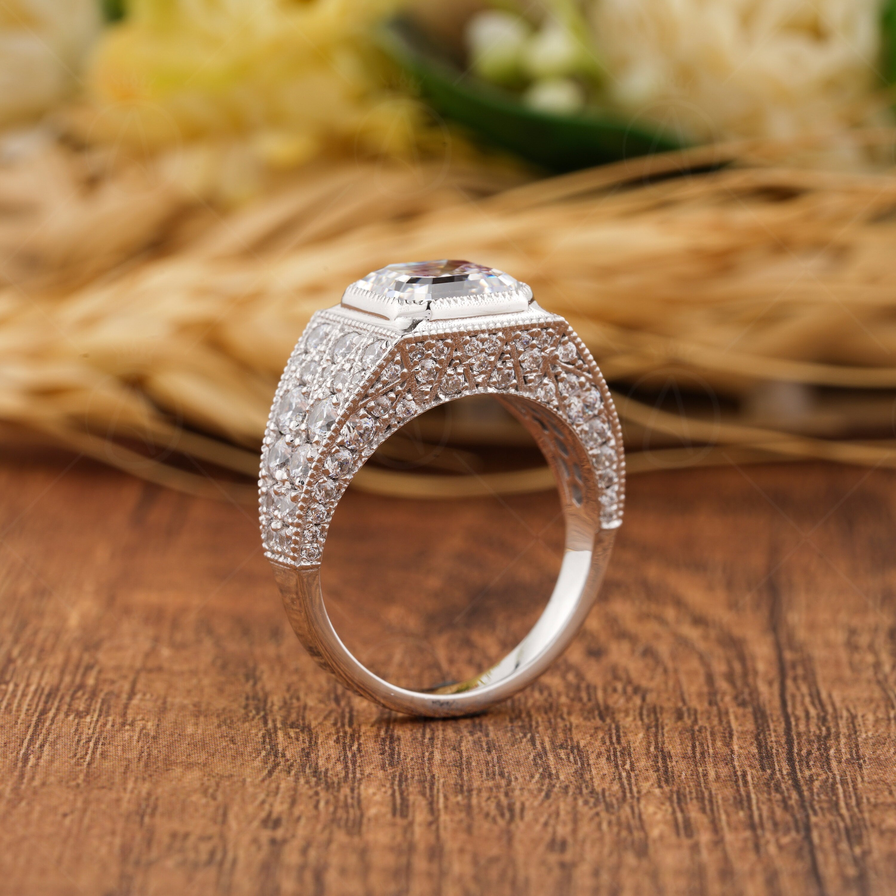 Asscher Cut Moissanite Engagement Ring, Art Deco Unique Vintage Ring For Women, Bezel Set Milgrain Ring, Antique Anniversary Rings, Victorian Style Ring, Estate Moissanite Jewelry