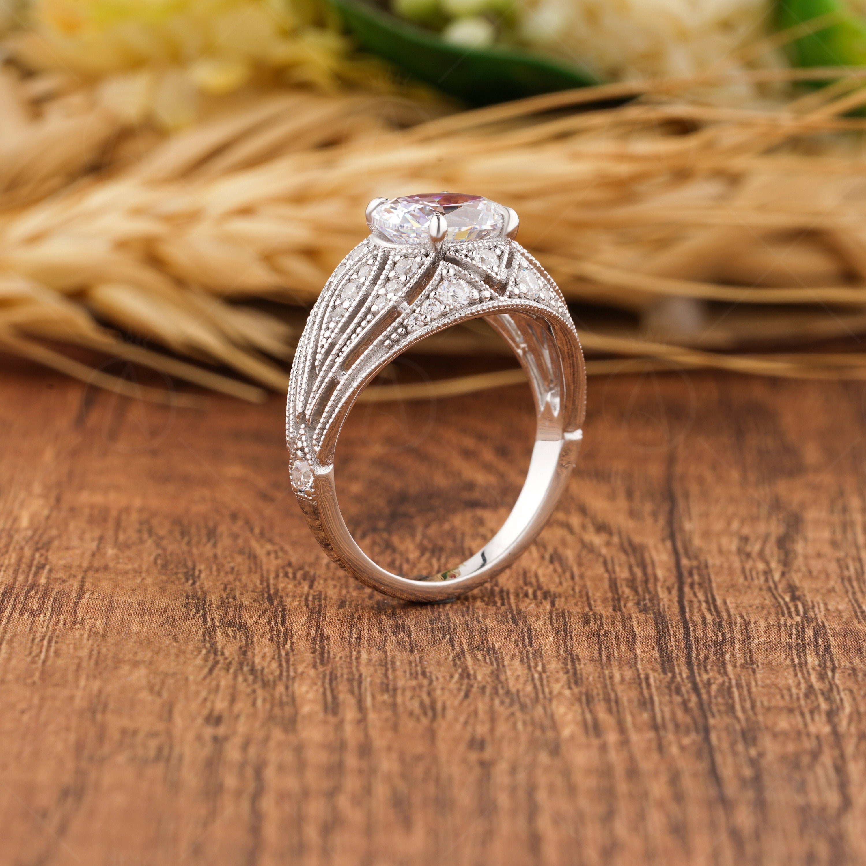 Edwardian Filigree Ring, Antique Art Deco Oval Engagement Ring For Women, Unique Moissanite Milgrain Ring, Solid Gold Horizontal Oval Ring, Vintage Style Ring, Victorian Retro Ring, Antique Oval Ring