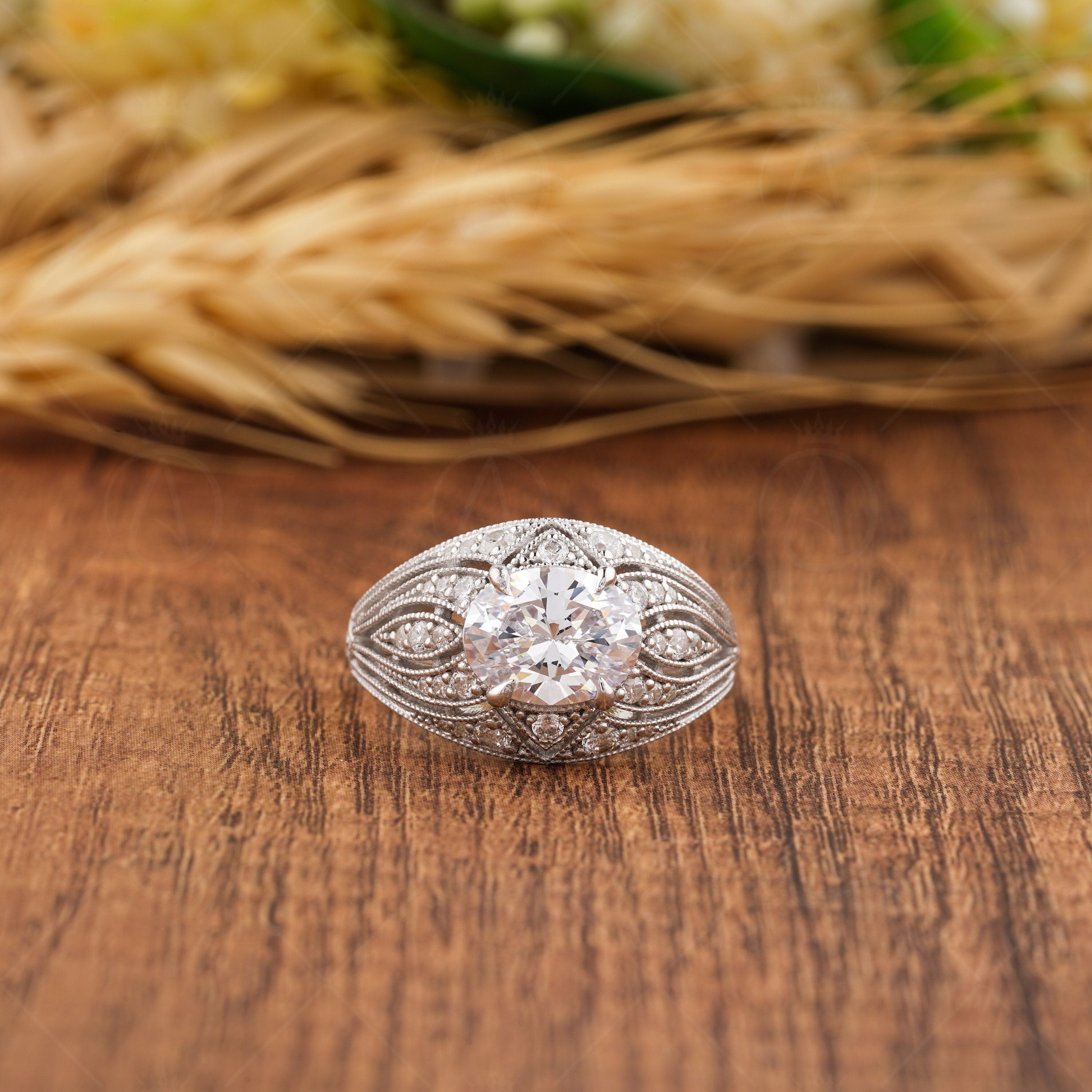 Edwardian Filigree Ring, Antique Art Deco Oval Engagement Ring For Women, Unique Moissanite Milgrain Ring, Solid Gold Horizontal Oval Ring, Vintage Style Ring, Victorian Retro Ring, Antique Oval Ring