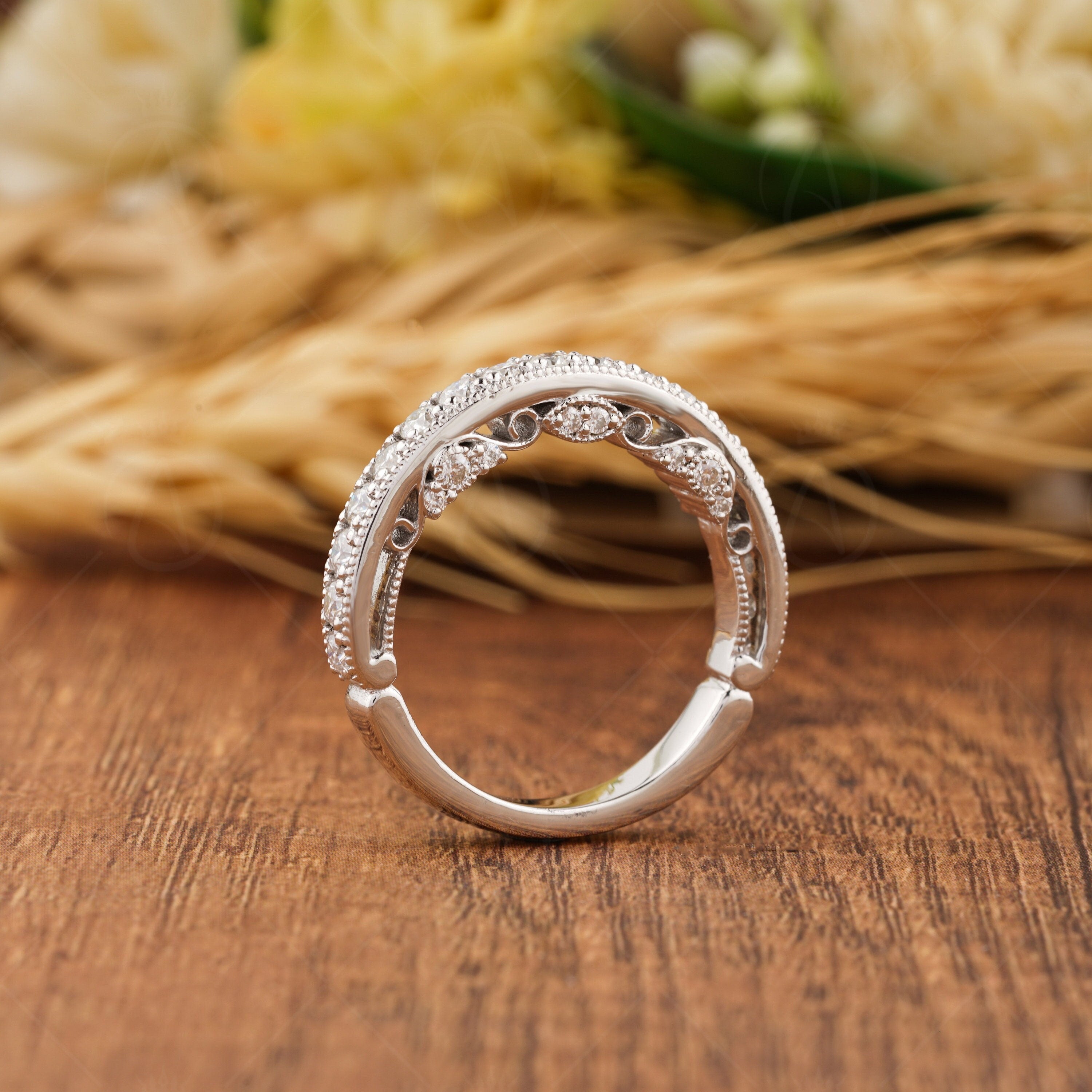 Antique Art Deco Wedding Bands Women, Vintage Milgrain Band, Filigree Anniversary Band Ring, Unique Stackable Rings, Bridal Matching Band, Stacking Ring