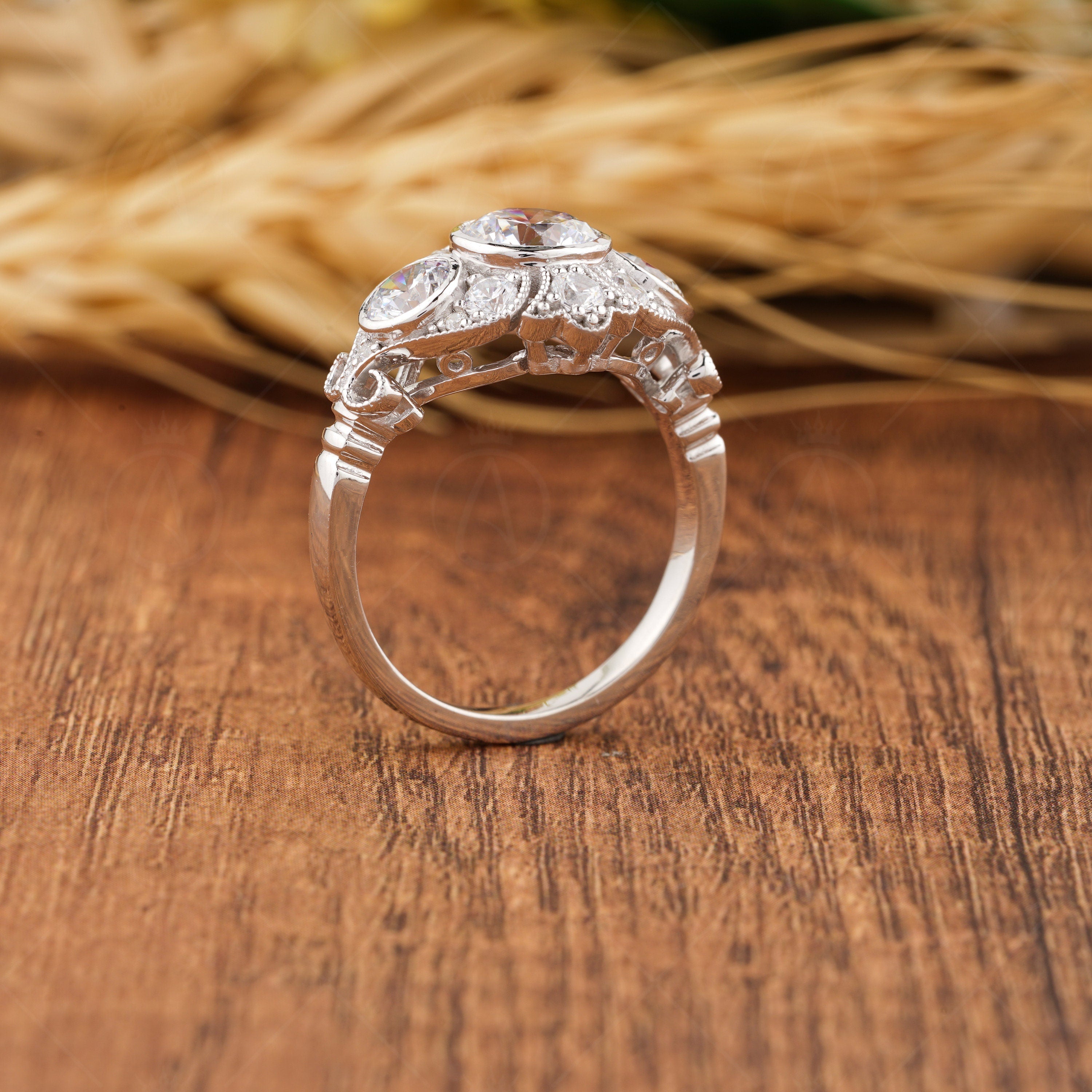 Bezel Set Round 3 Stone Vintage Engagement Ring