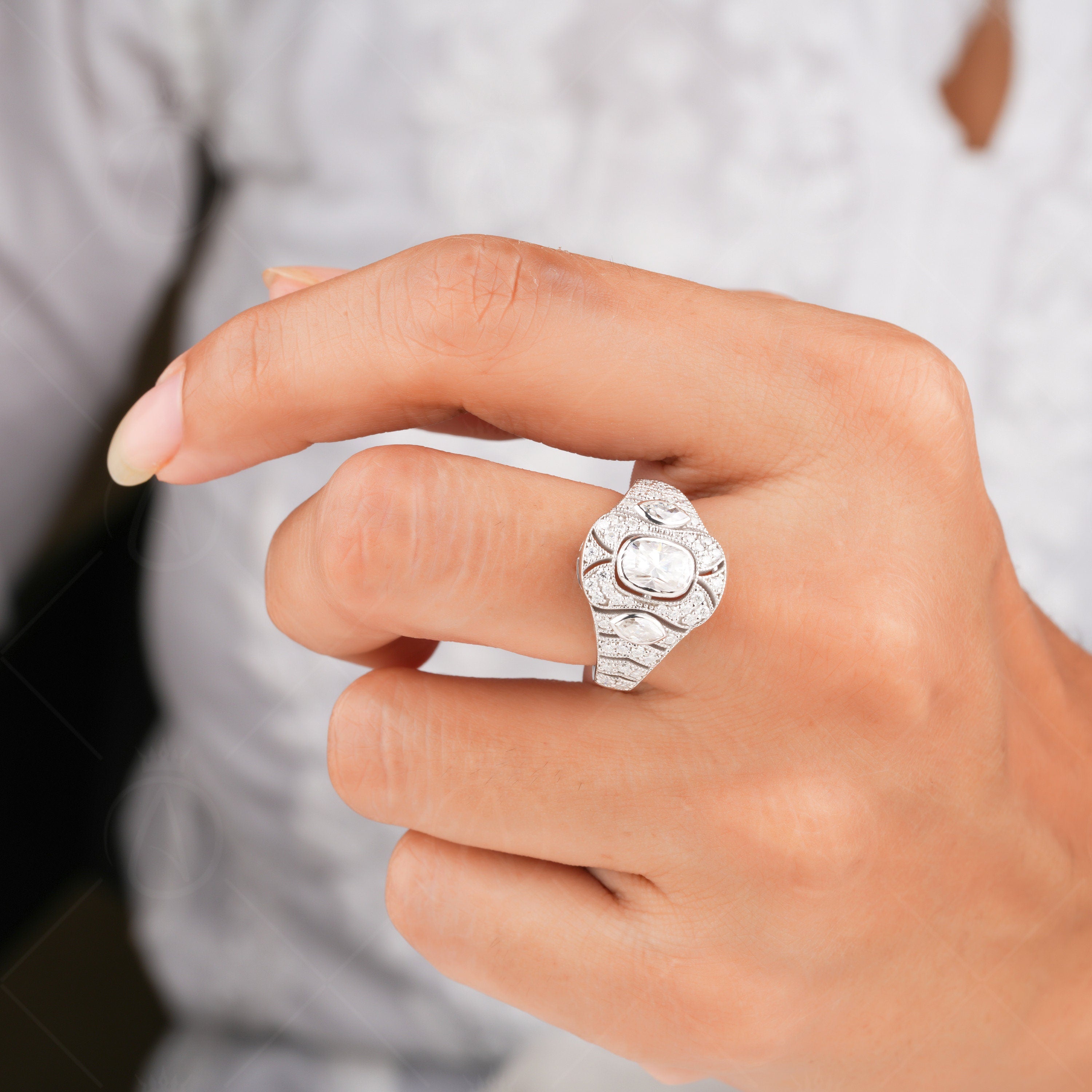 Art Deco Filigree Ring, Edwardian Moissanite Engagement Ring, Antique Milgrain Rings For Women, Unique Elongated Cushion Cut Ring