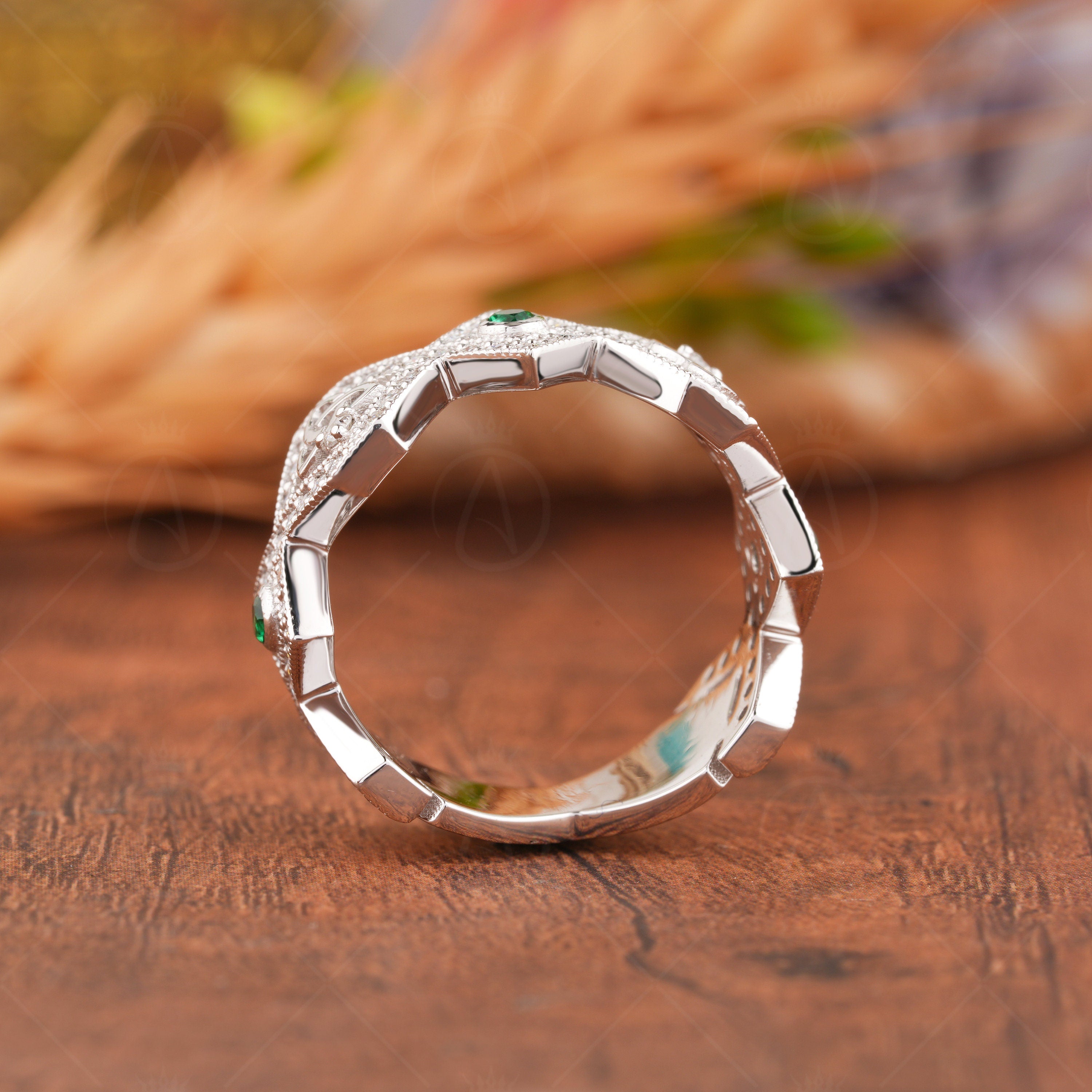 Moissanite Zig Zag Wedding Bands Women, Celtic Endless Knot Ring, Green Stone Wide Anniversary Rings, Art Deco Unique Band, Thick Band Ring