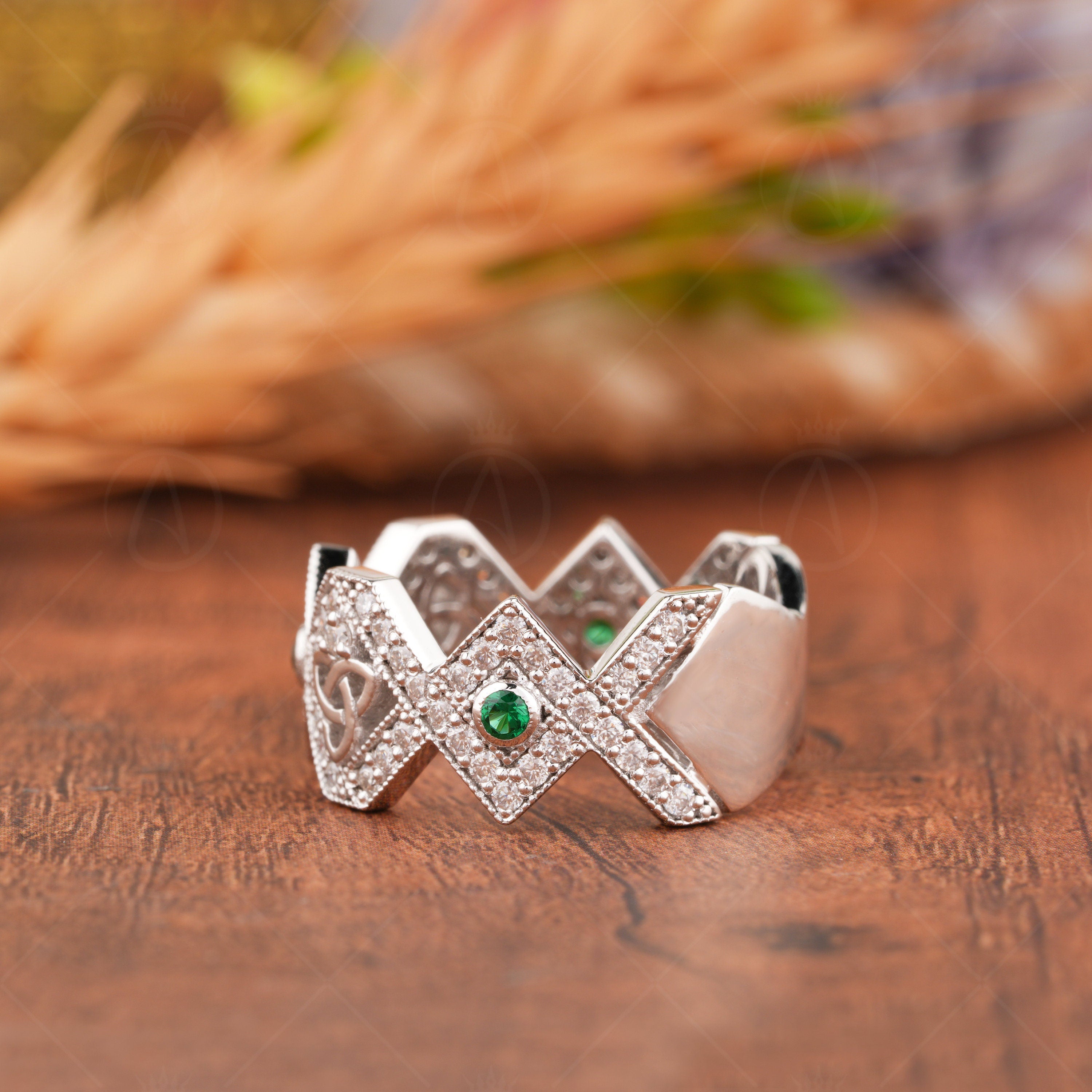 Moissanite Zig Zag Wedding Bands Women, Celtic Endless Knot Ring, Green Stone Wide Anniversary Rings, Art Deco Unique Band, Thick Band Ring