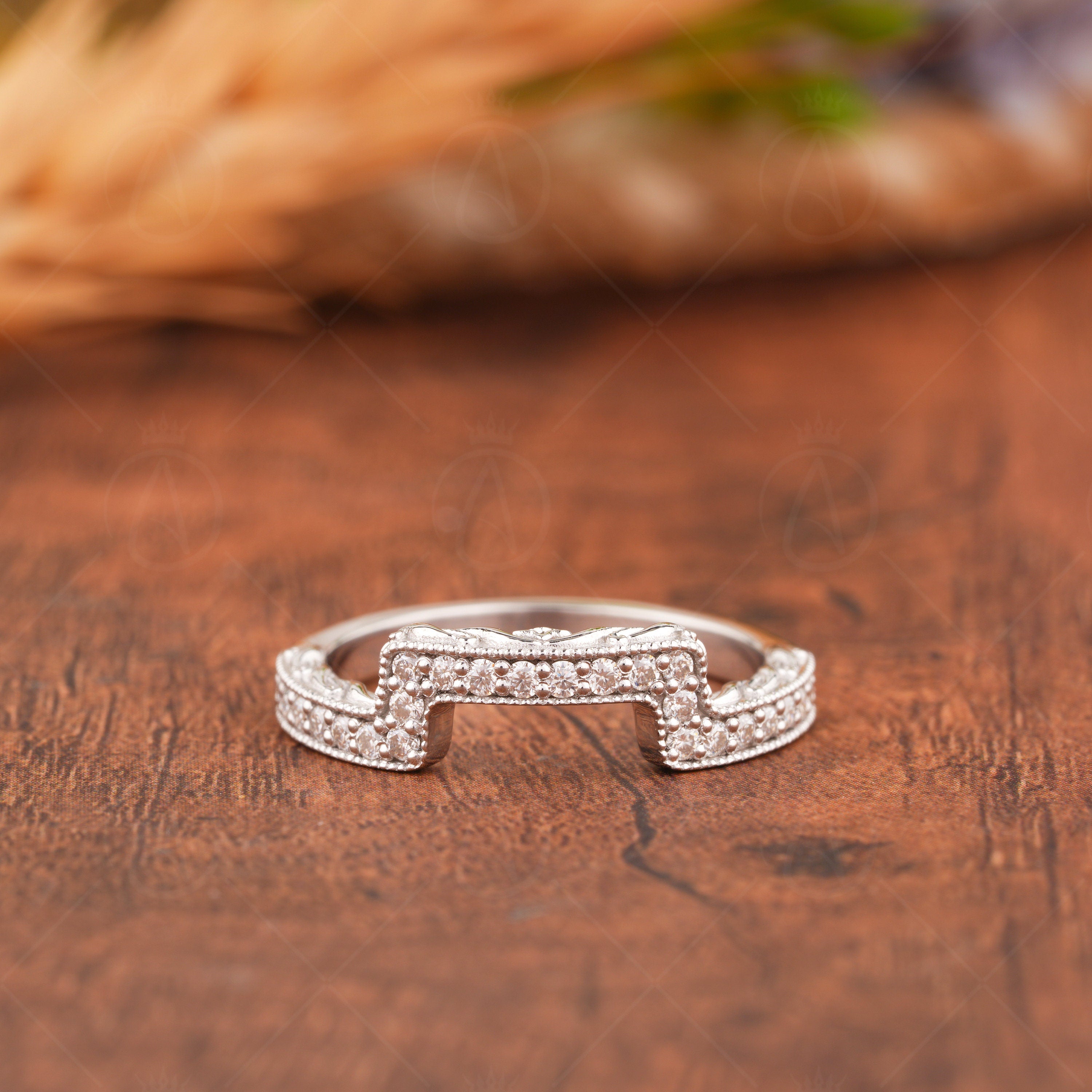 Antique Filigree Band, Curved Wedding Bands Women, Moissanite Curve Stacking Ring, Engraved Enhancer Ring, Carved Contour Stackable Rings