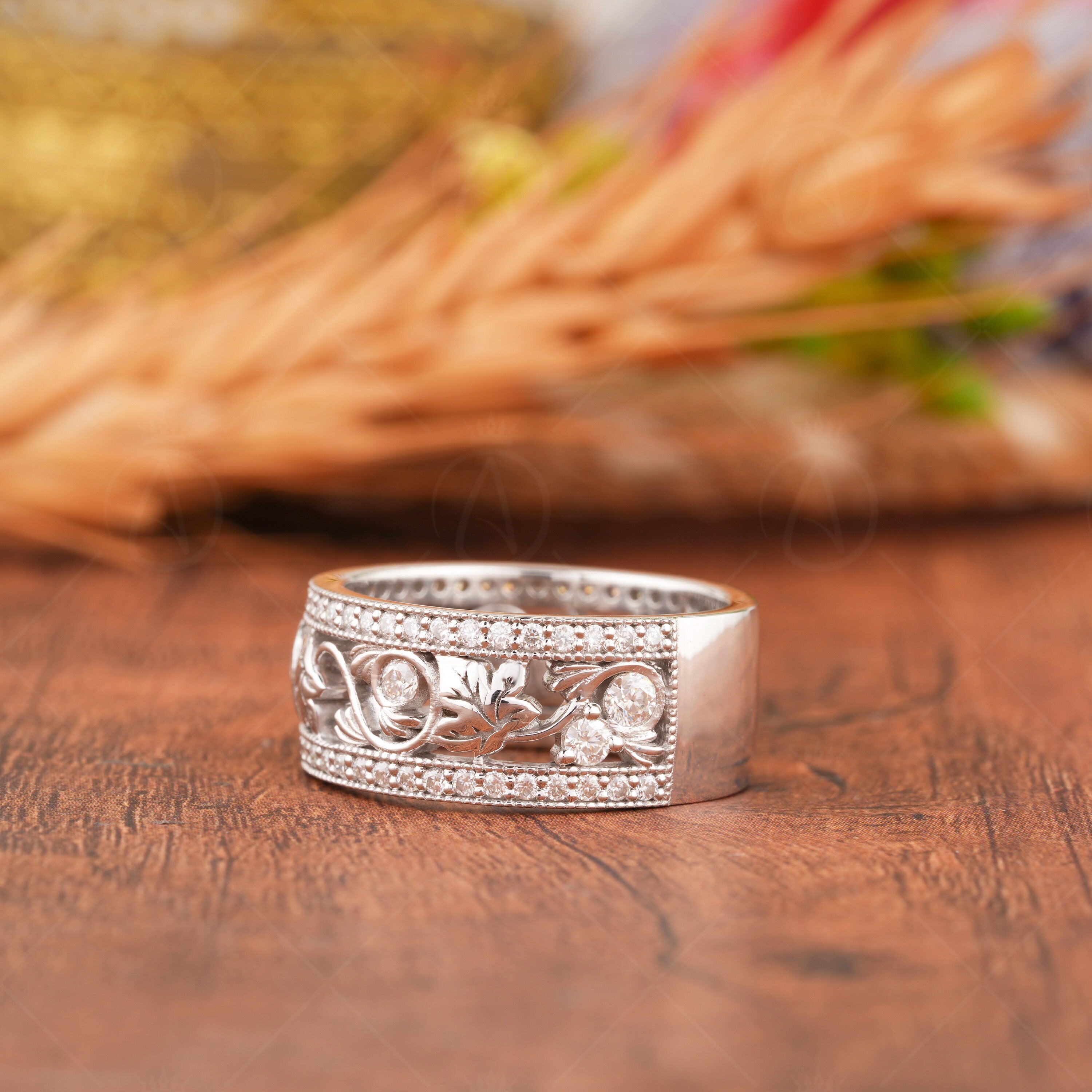 Maple Leaf Wedding Band Women, Engraved Leaf Wide Moissanite Band, Leaf And Branch Anniversary Band Ring, Nature Inspired Leaves Bridal Band, Art Deco Unique Band