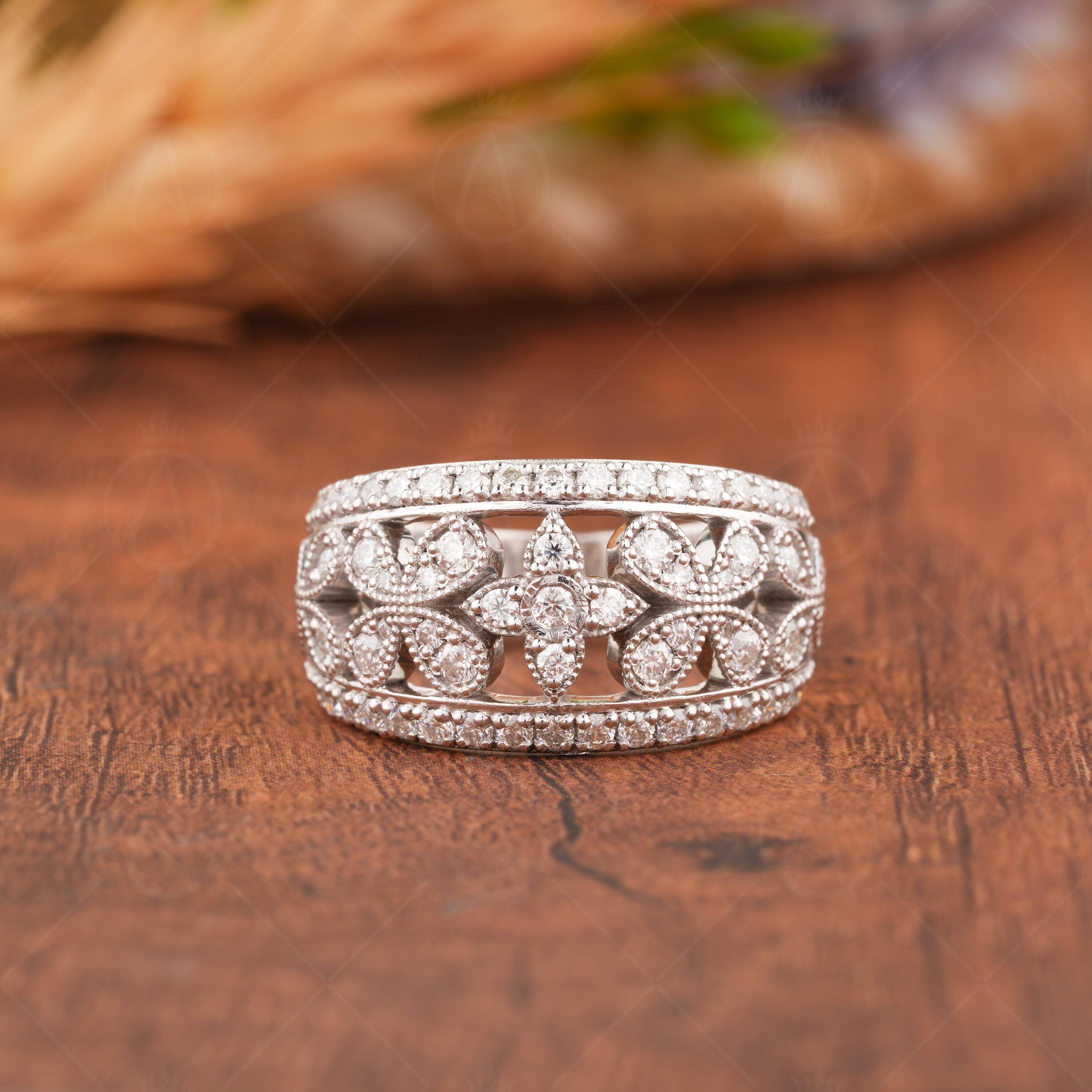 Art Deco Milgrain Wedding Band, Moissanite Wide Anniversary Rings For Women, Flower Style Filigree Band, Thick Nature Inspired Band Ring