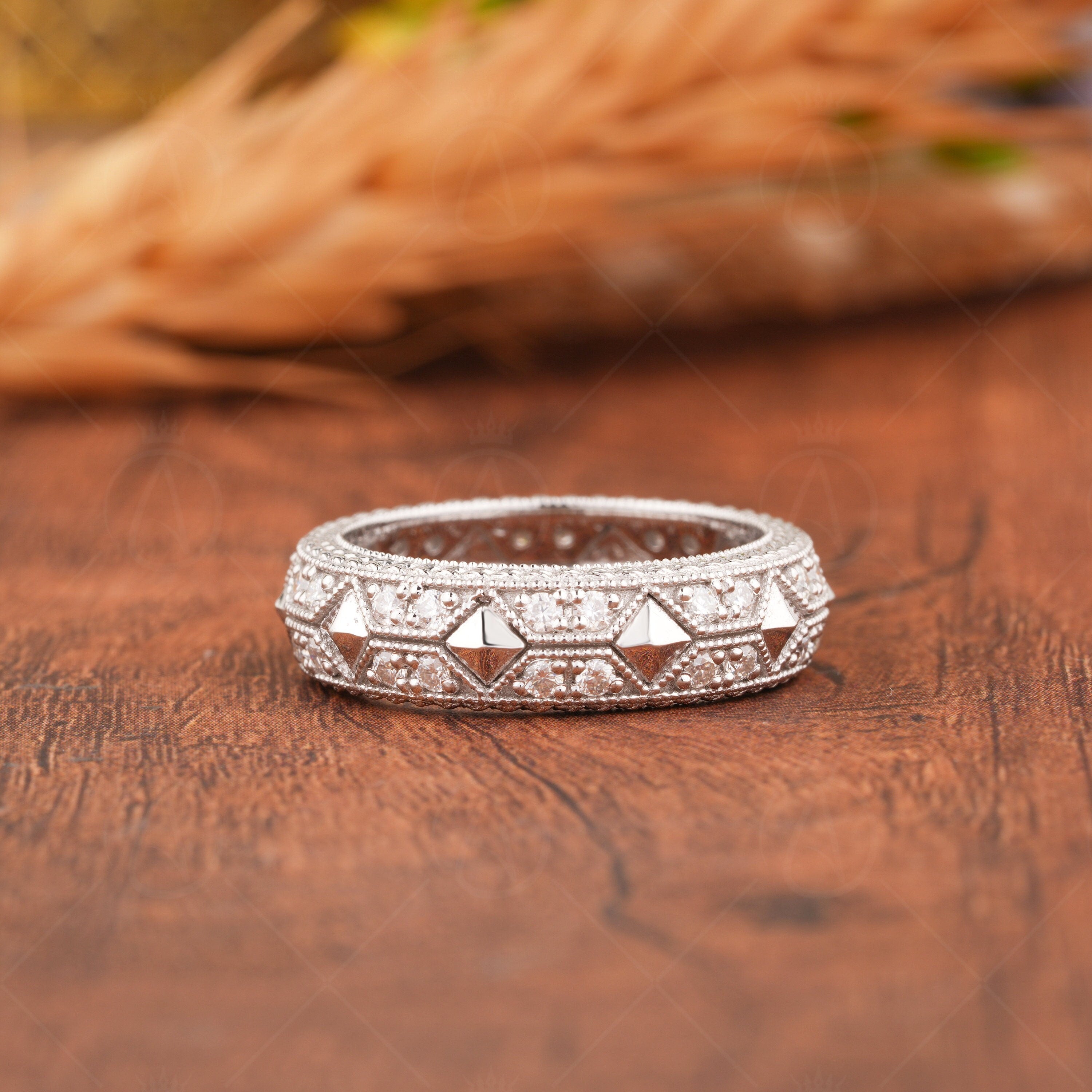 Moissanite Full Eternity Band, Vintage Filigree Wedding Band, Carved Pyramid Bridal Matching Band, Milgrain Art Deco Ring, Wide Band Ring