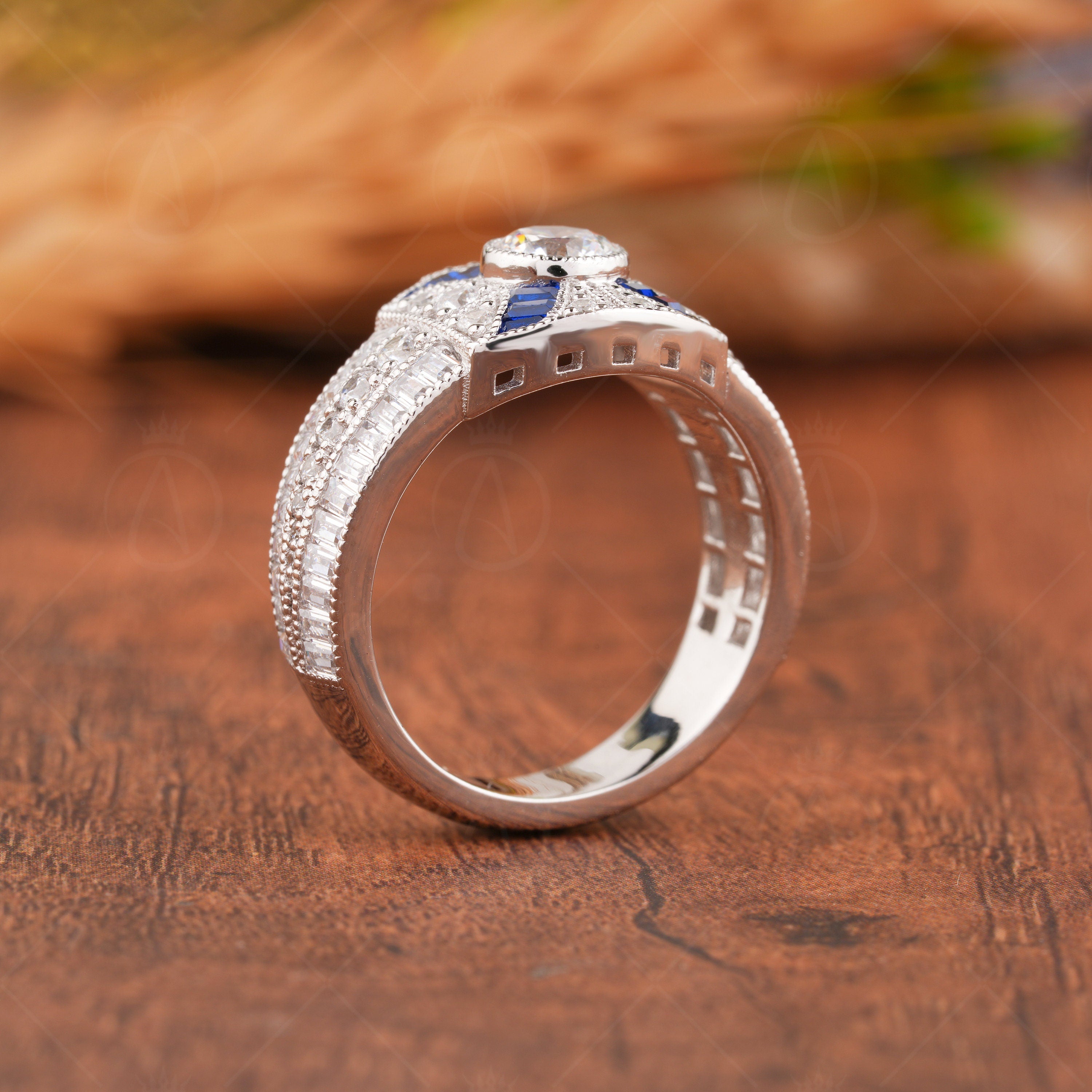 Estate Jewelry Rings For Women, Moissanite Art Deco Engagement Ring, Antique Sapphire Vintage Ring, Unique Anniversary Rings, Retro Victorian Style Ring