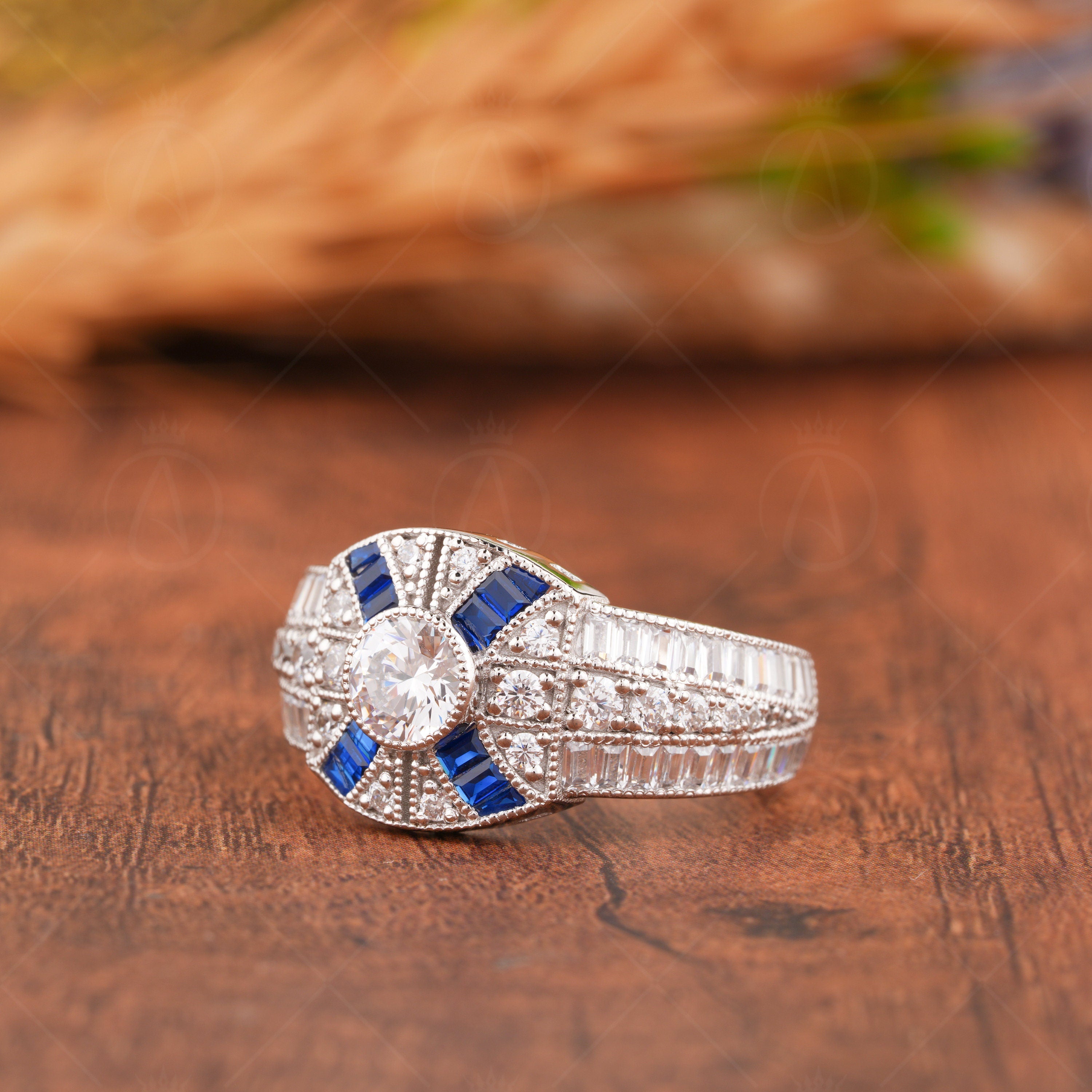 Estate Jewelry Rings For Women, Moissanite Art Deco Engagement Ring, Antique Sapphire Vintage Ring, Unique Anniversary Rings, Retro Victorian Style Ring