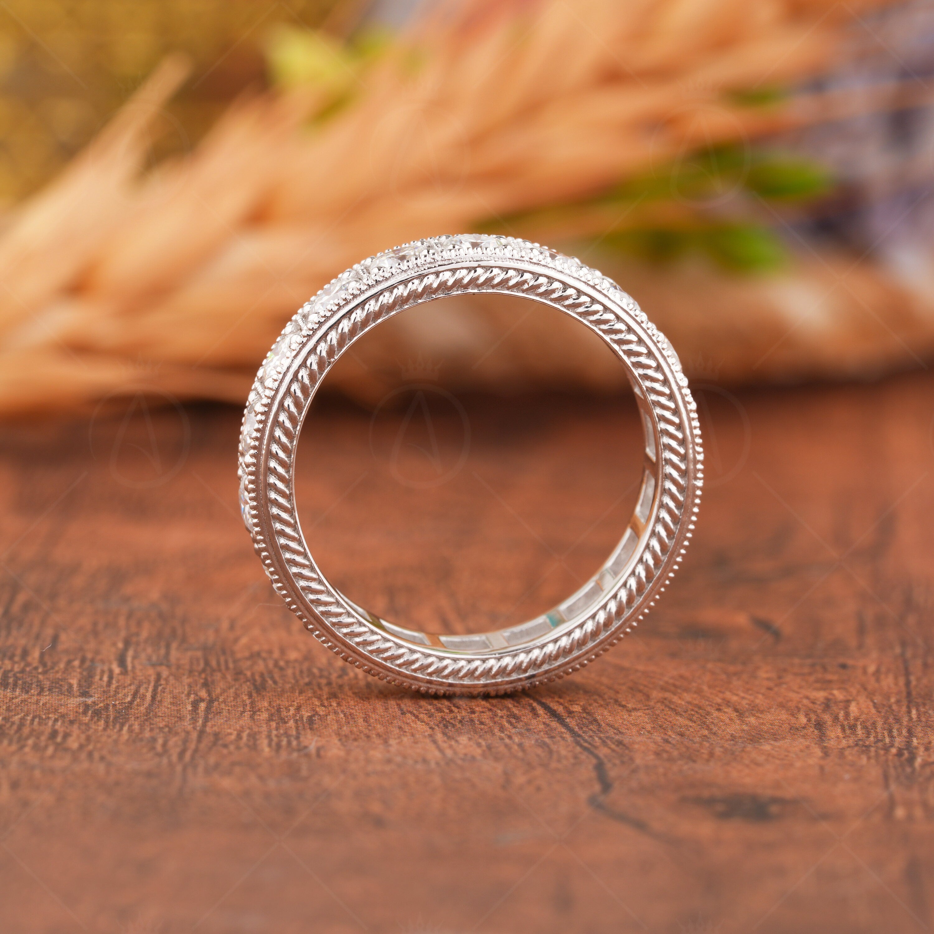 Round Cut Moissanite Wedding Bands Women, Full Eternity Stackable Rings, Craved Design Vintage Filigree Band, Unique Anniversary Band