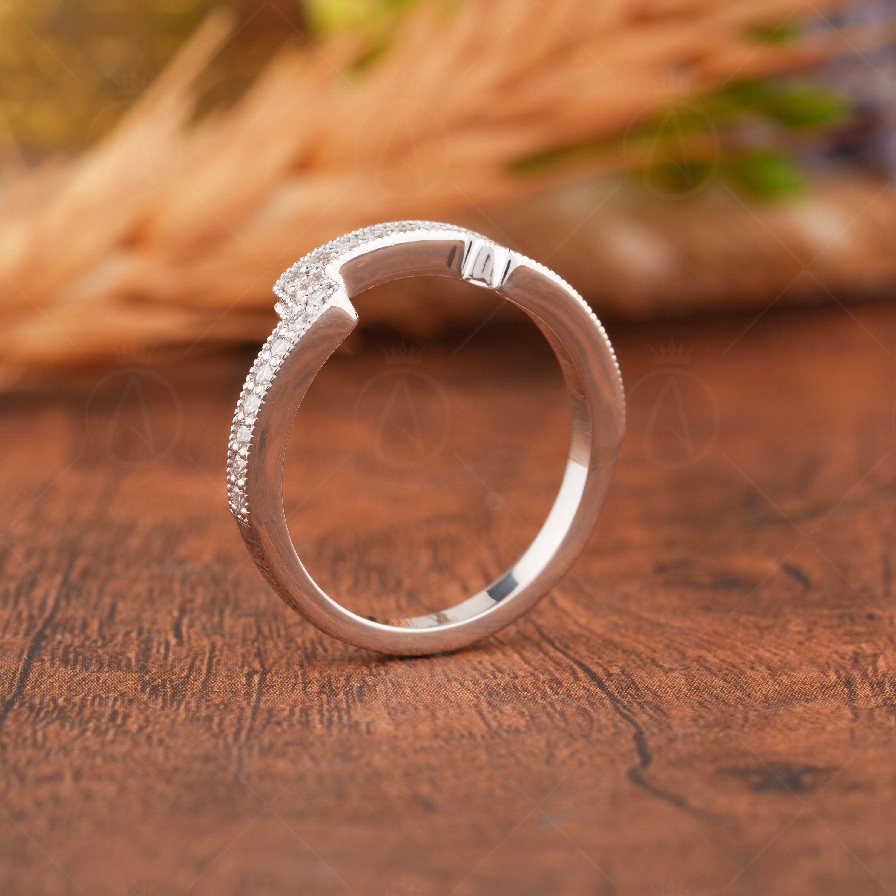 Antique Filigree Band, Curved Wedding Bands Women, Moissanite Curve Stacking Ring, Engraved Enhancer Ring, Carved Contour Stackable Rings