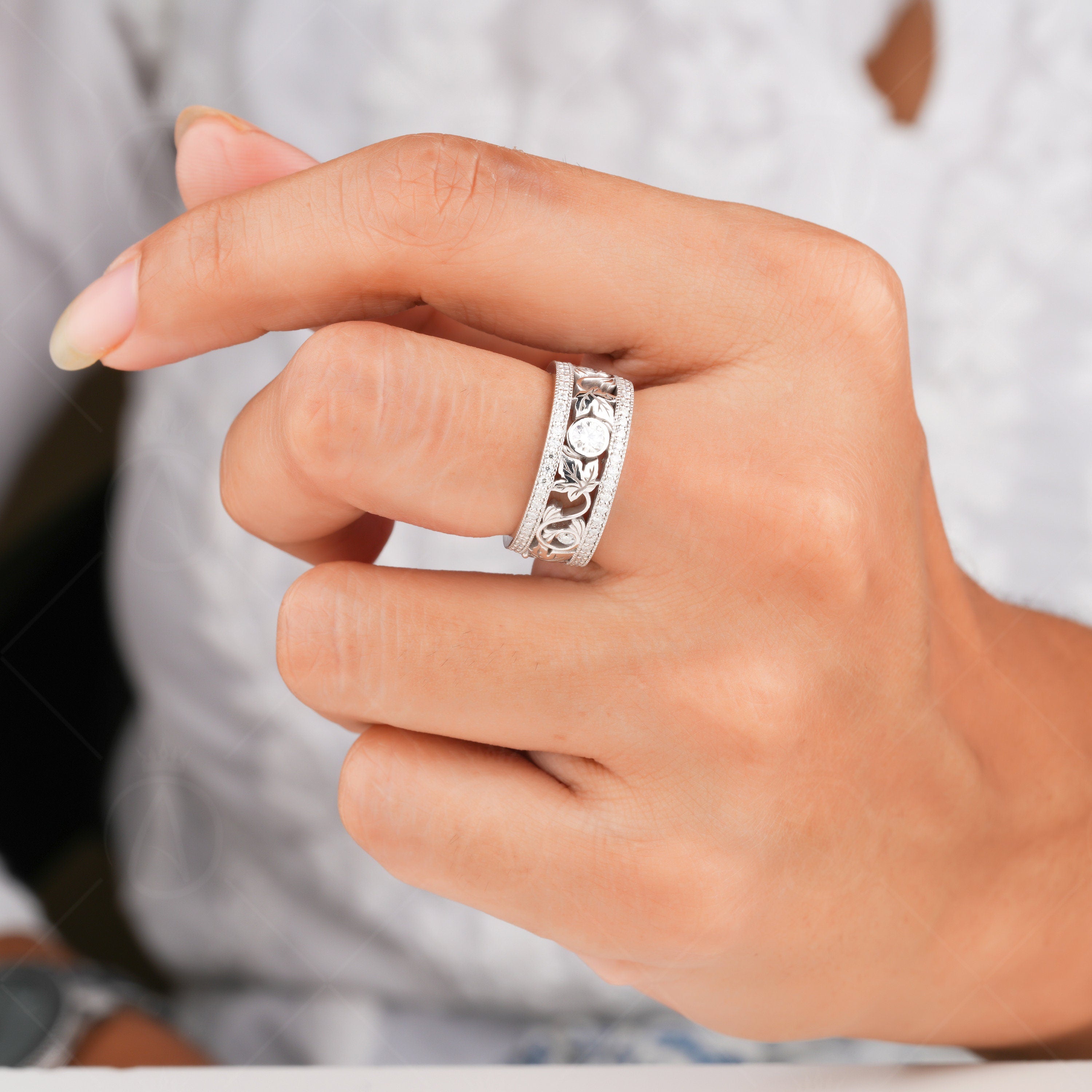 Maple Leaf Wedding Band Women, Engraved Leaf Wide Moissanite Band, Leaf And Branch Anniversary Band Ring, Nature Inspired Leaves Bridal Band, Art Deco Unique Band