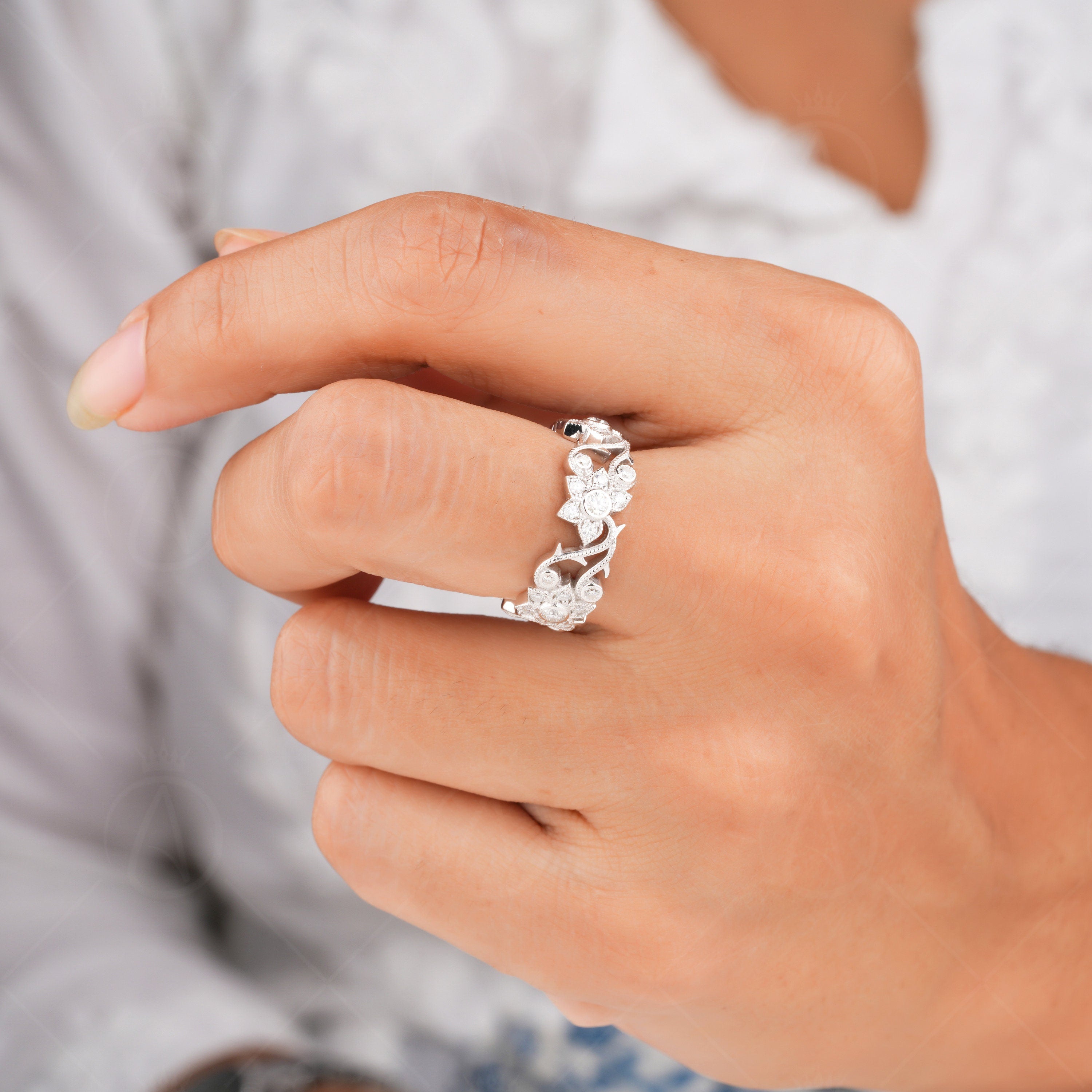 Engraved Floral Wedding Band Women, Leaf And Vine Nature Inspired Ring, Twig Branch Anniversary Rings, Unique Art Deco Promise Ring, Antique Wedding Anniversary Band, Filigree Band