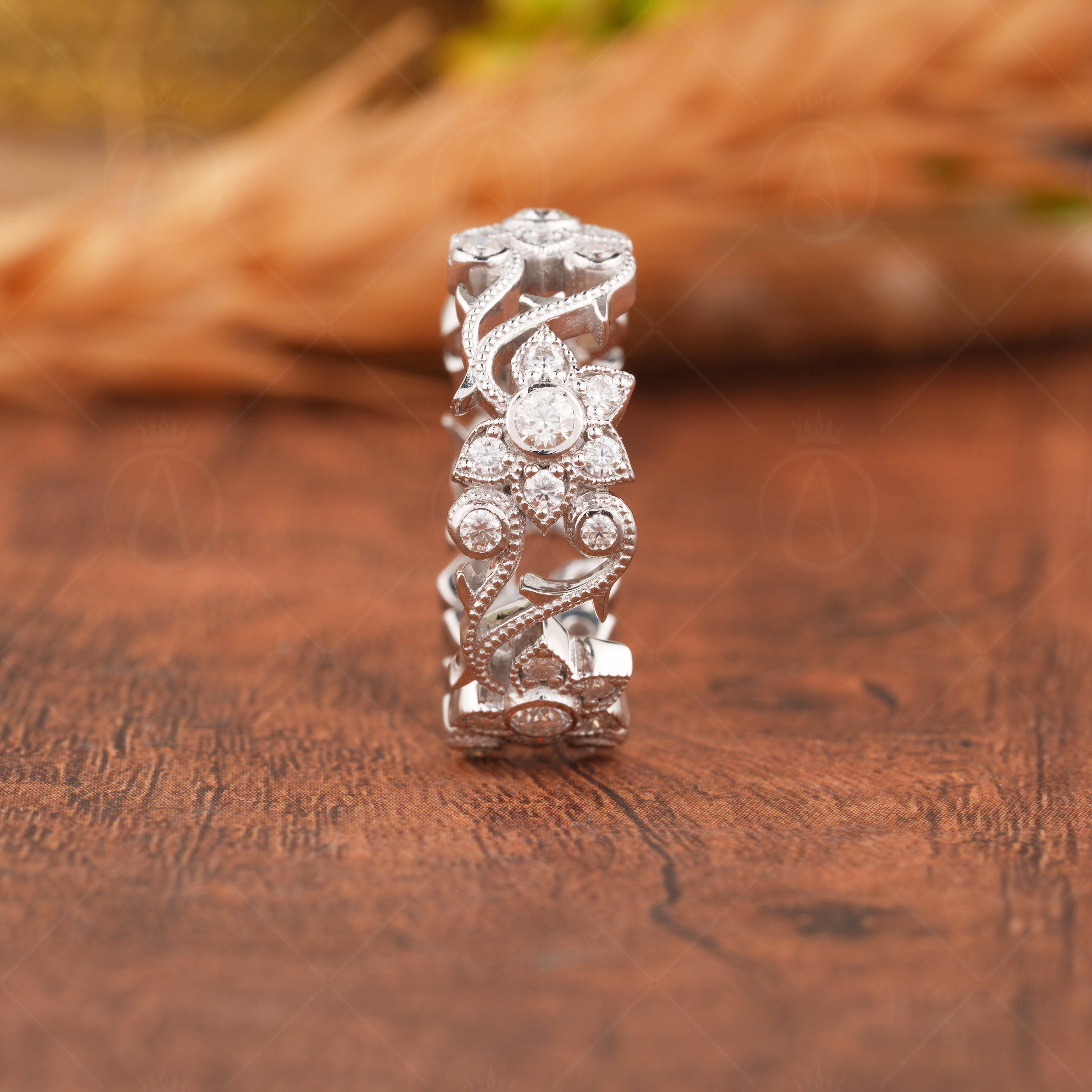 Engraved Floral Wedding Band Women, Leaf And Vine Nature Inspired Ring, Twig Branch Anniversary Rings, Unique Art Deco Promise Ring, Antique Wedding Anniversary Band, Filigree Band