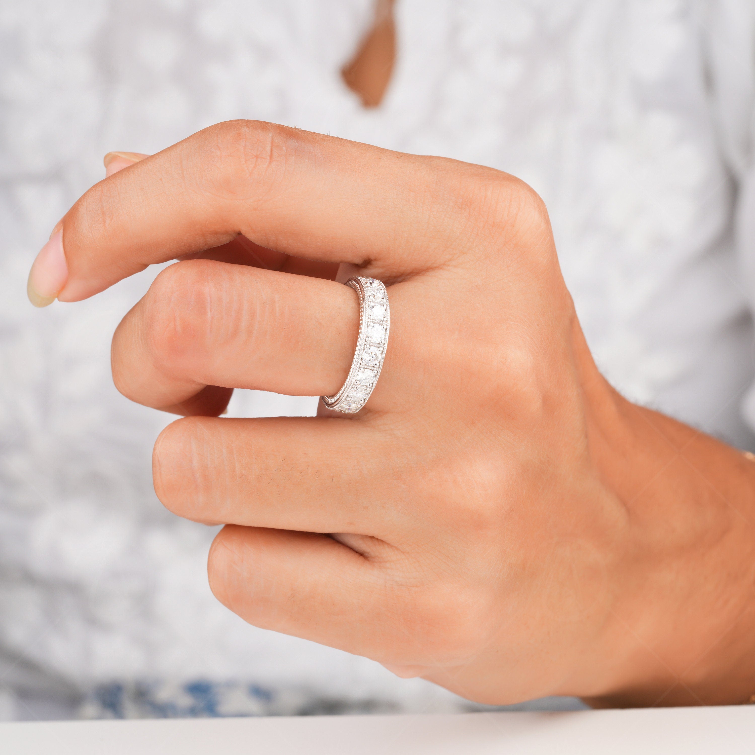 Round Cut Moissanite Wedding Bands Women, Full Eternity Stackable Rings, Craved Design Vintage Filigree Band, Unique Anniversary Band