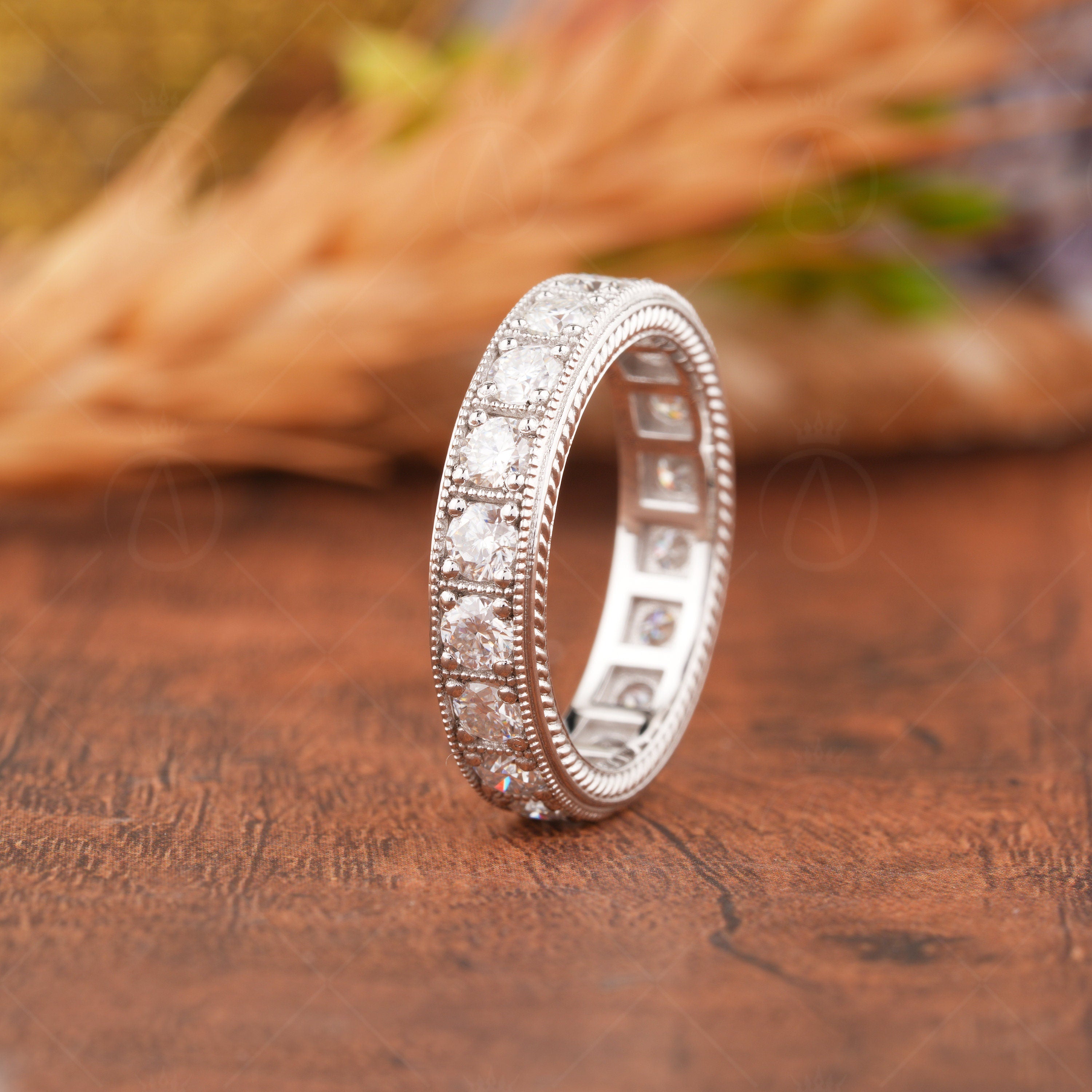 Round Cut Moissanite Wedding Bands Women, Full Eternity Stackable Rings, Craved Design Vintage Filigree Band, Unique Anniversary Band