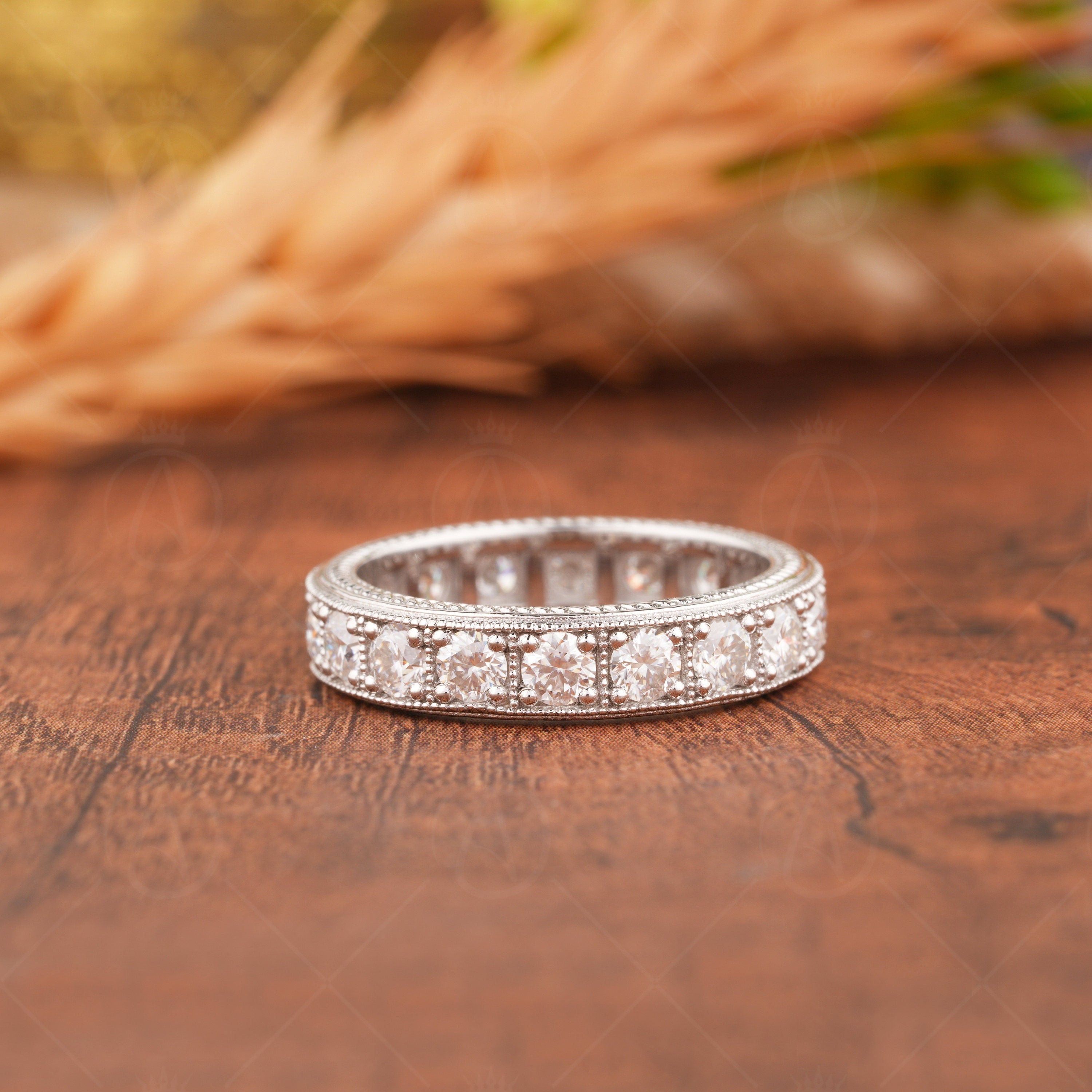 Round Cut Moissanite Wedding Bands Women, Full Eternity Stackable Rings, Craved Design Vintage Filigree Band, Unique Anniversary Band