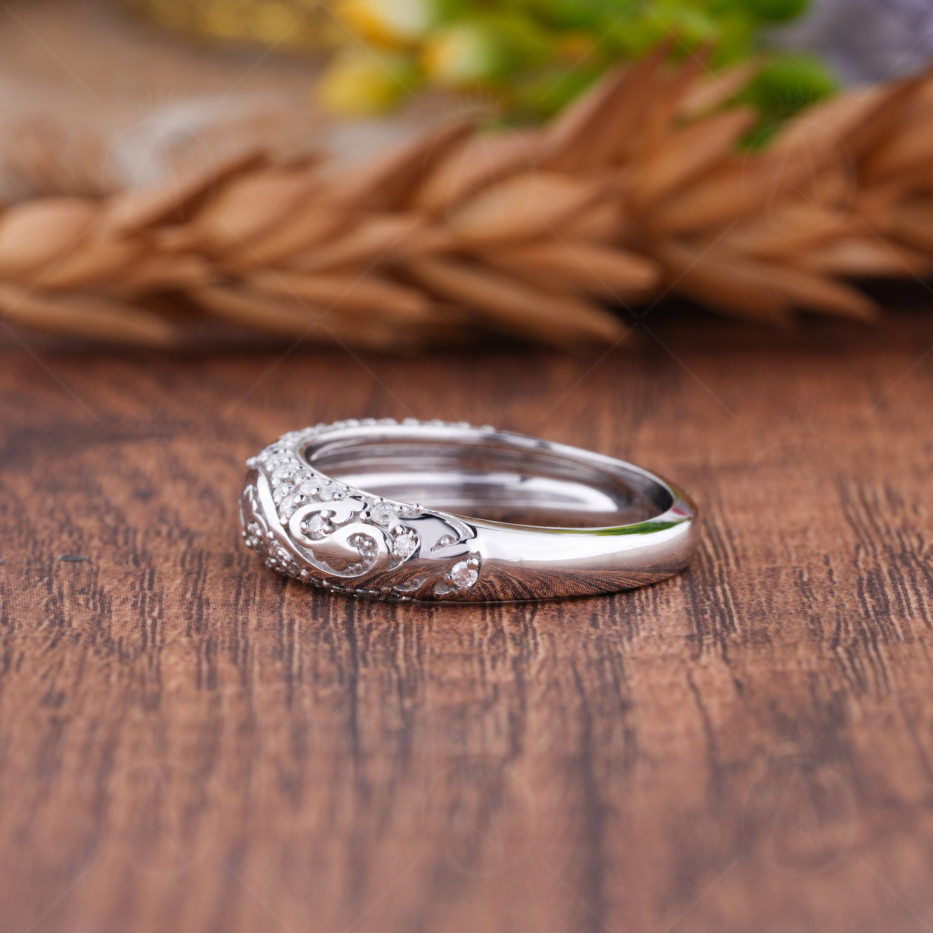 Moissanite Dome Wedding Band Women, Art Deco Vintage Anniversary Rings, Half Eternity Carved Style Band, Unique Filigree Ring For Bridal