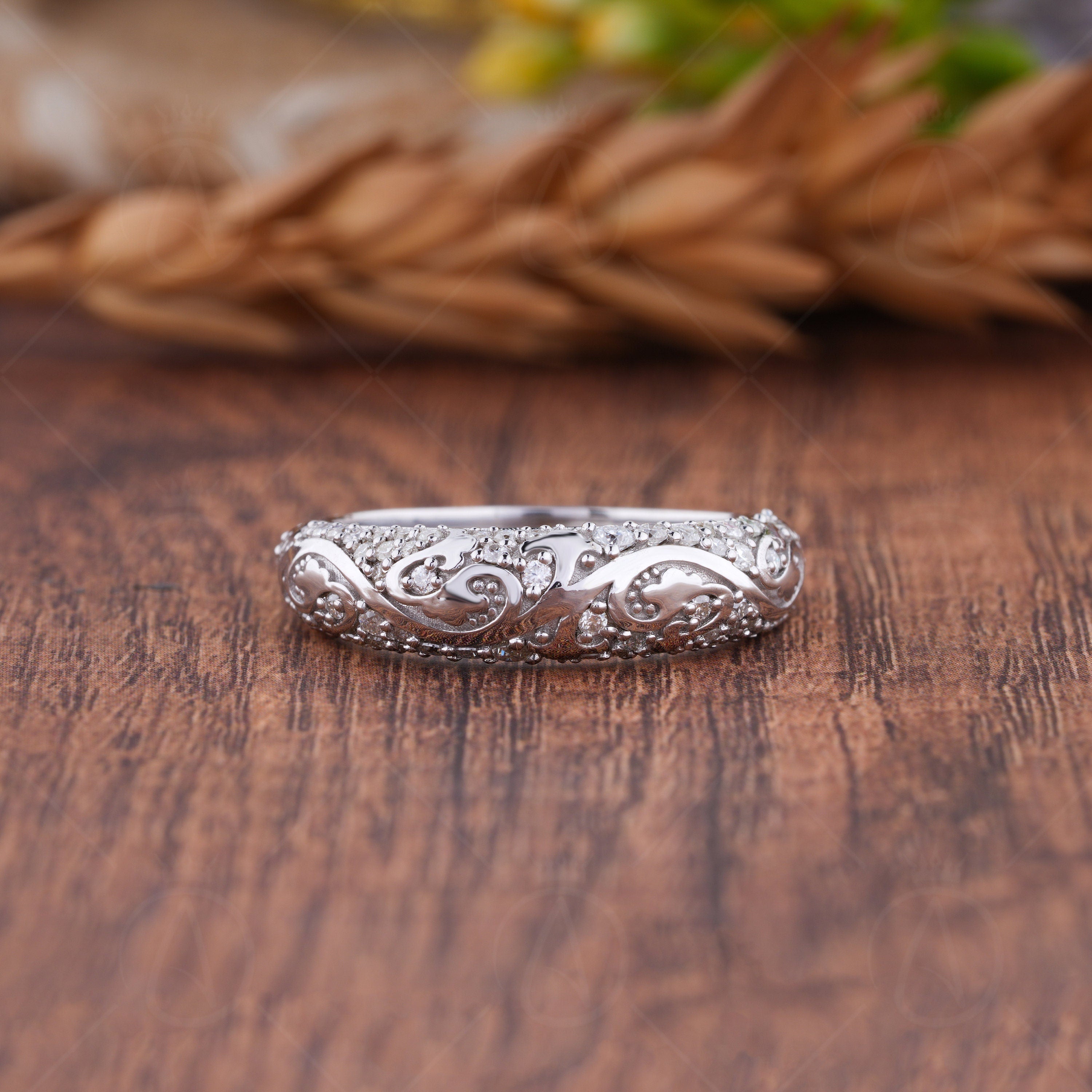 Moissanite Dome Wedding Band Women, Art Deco Vintage Anniversary Rings, Half Eternity Carved Style Band, Unique Filigree Ring For Bridal