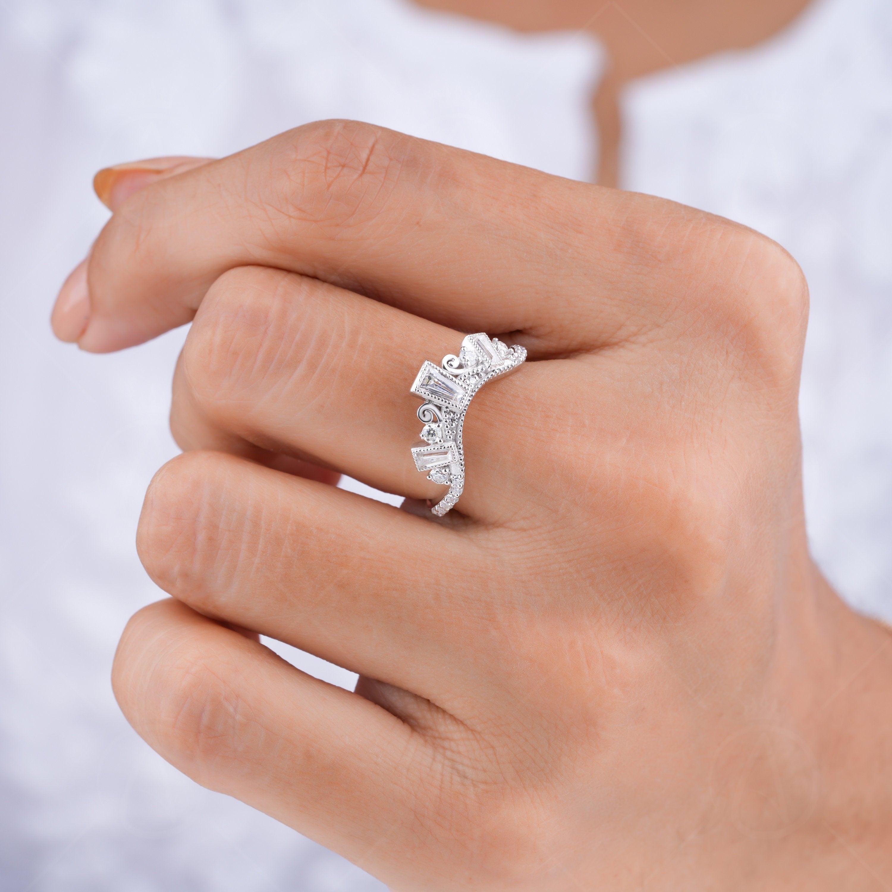 Curved Stackable Ring, Moissanite Filigree Wedding Band, Tiara Crown Style U Shaped Contour Band, Art Deco Matching Band, Womens Unique Ring, Nesting Band Ring, White Gold Stacking Ring, Bridal Band For Wedding