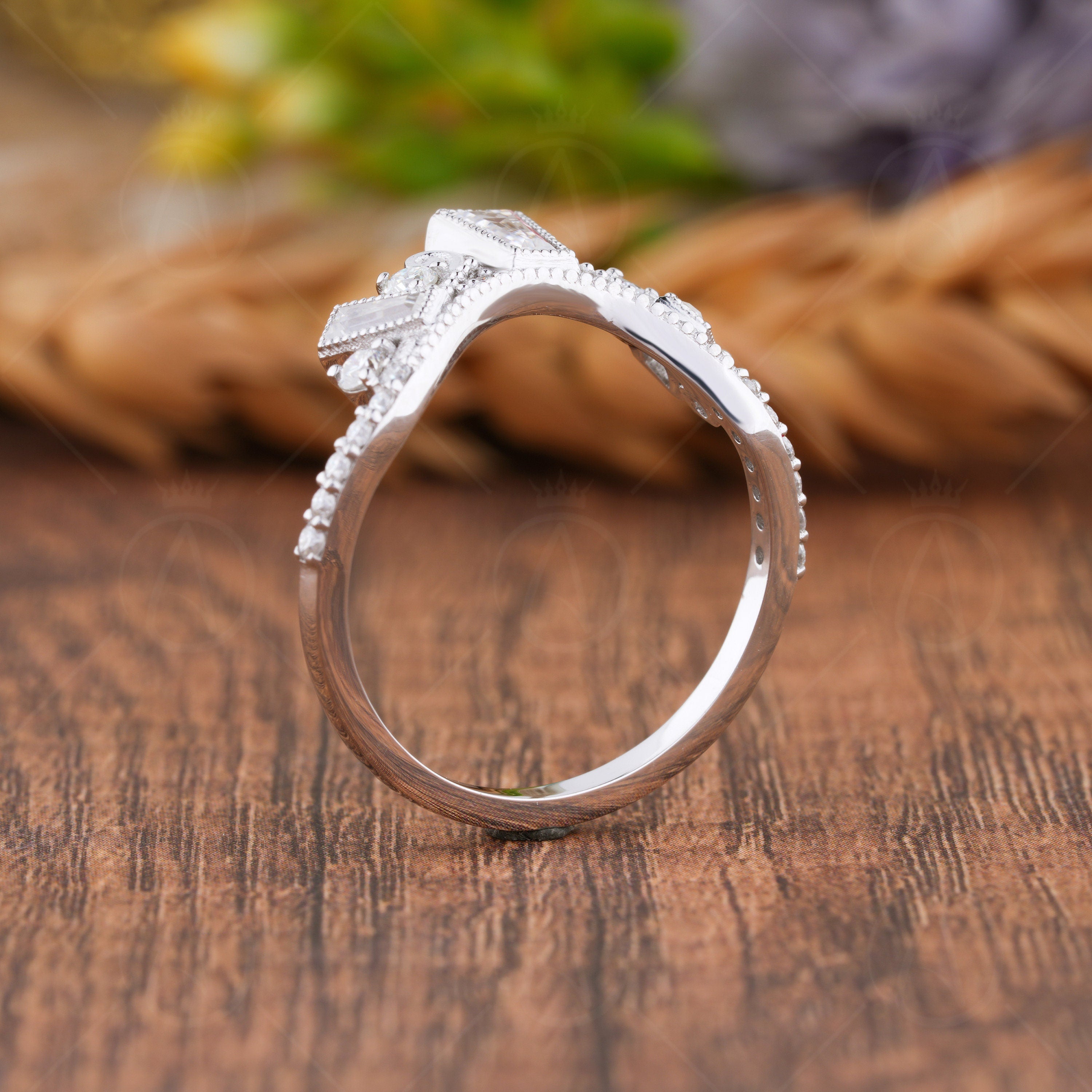Curved Stackable Ring, Moissanite Filigree Wedding Band, Tiara Crown Style U Shaped Contour Band, Art Deco Matching Band, Womens Unique Ring, Nesting Band Ring, White Gold Stacking Ring, Bridal Band For Wedding