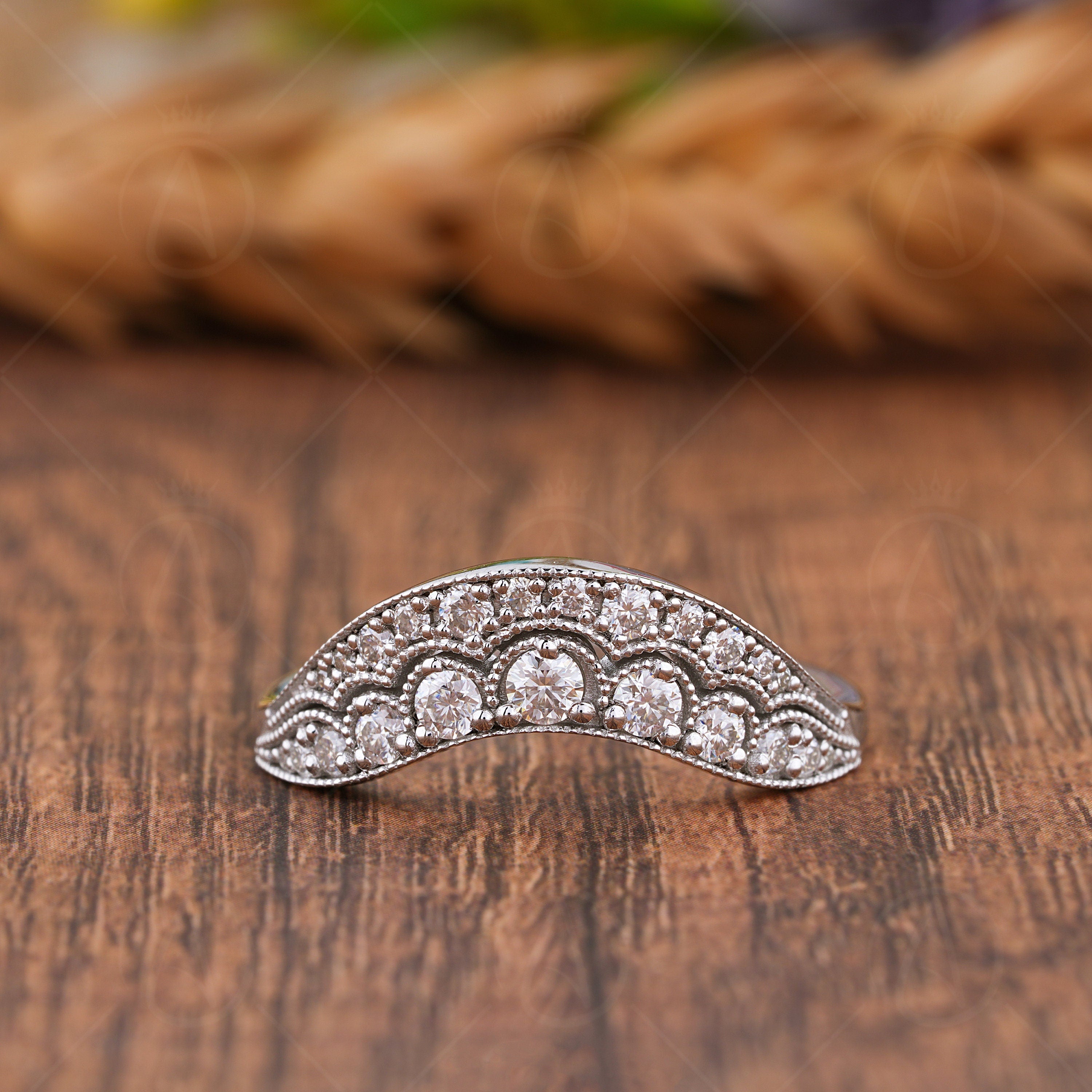 Arched Wedding Bands Women, Moissanite Vintage Curved Band, Art Deco Contour Stackable Rings, Unique Milgrain Ring For Wedding, Matching Bridal Ring, Curve Stacking Ring