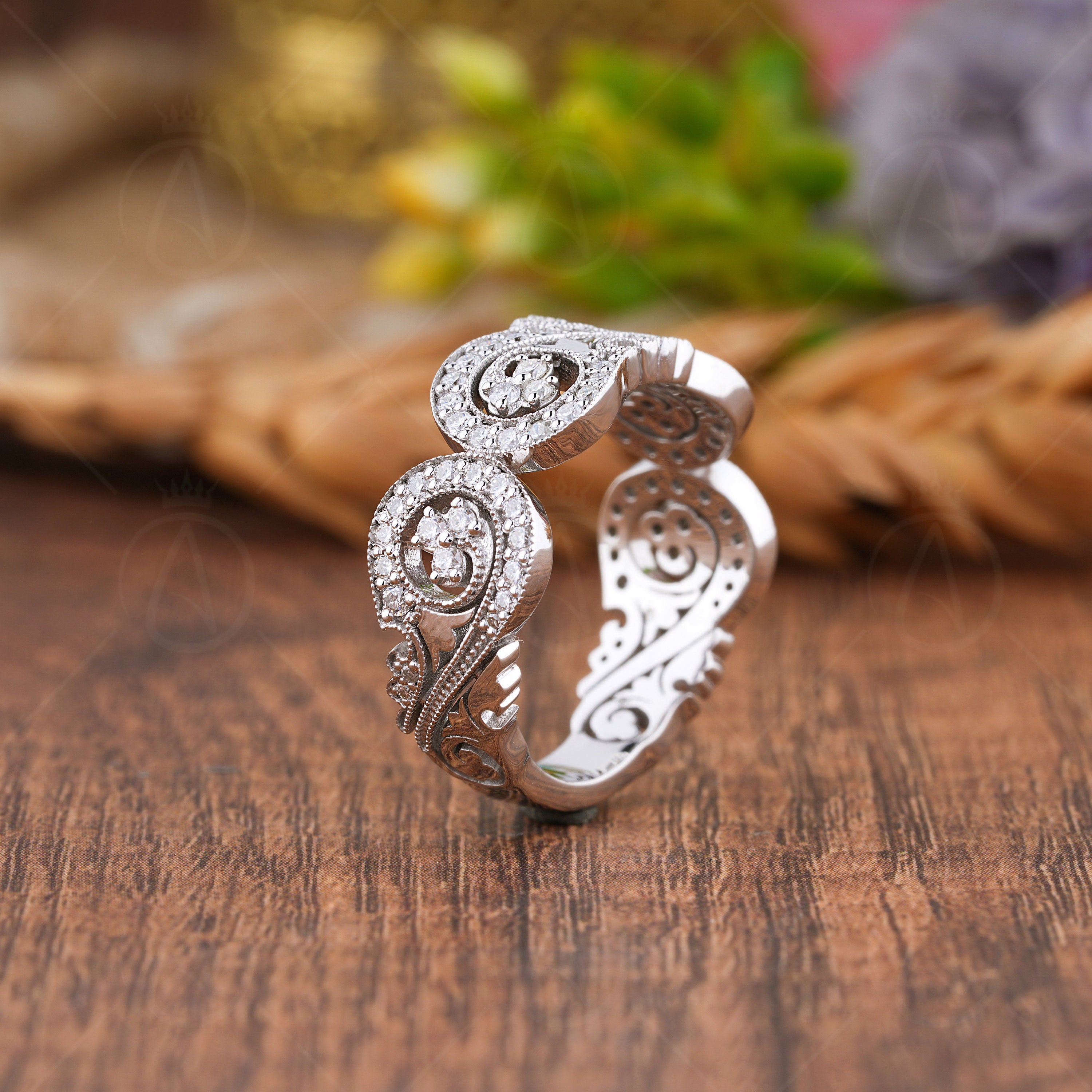 Infinity Style Art Deco Anniversary Rings, Unique Moissanite Wide Bands For Women, Vintage Milgrain Wedding Band, Statement Jewelry, Antique Inspired Ring, Unique Jewelry Ring