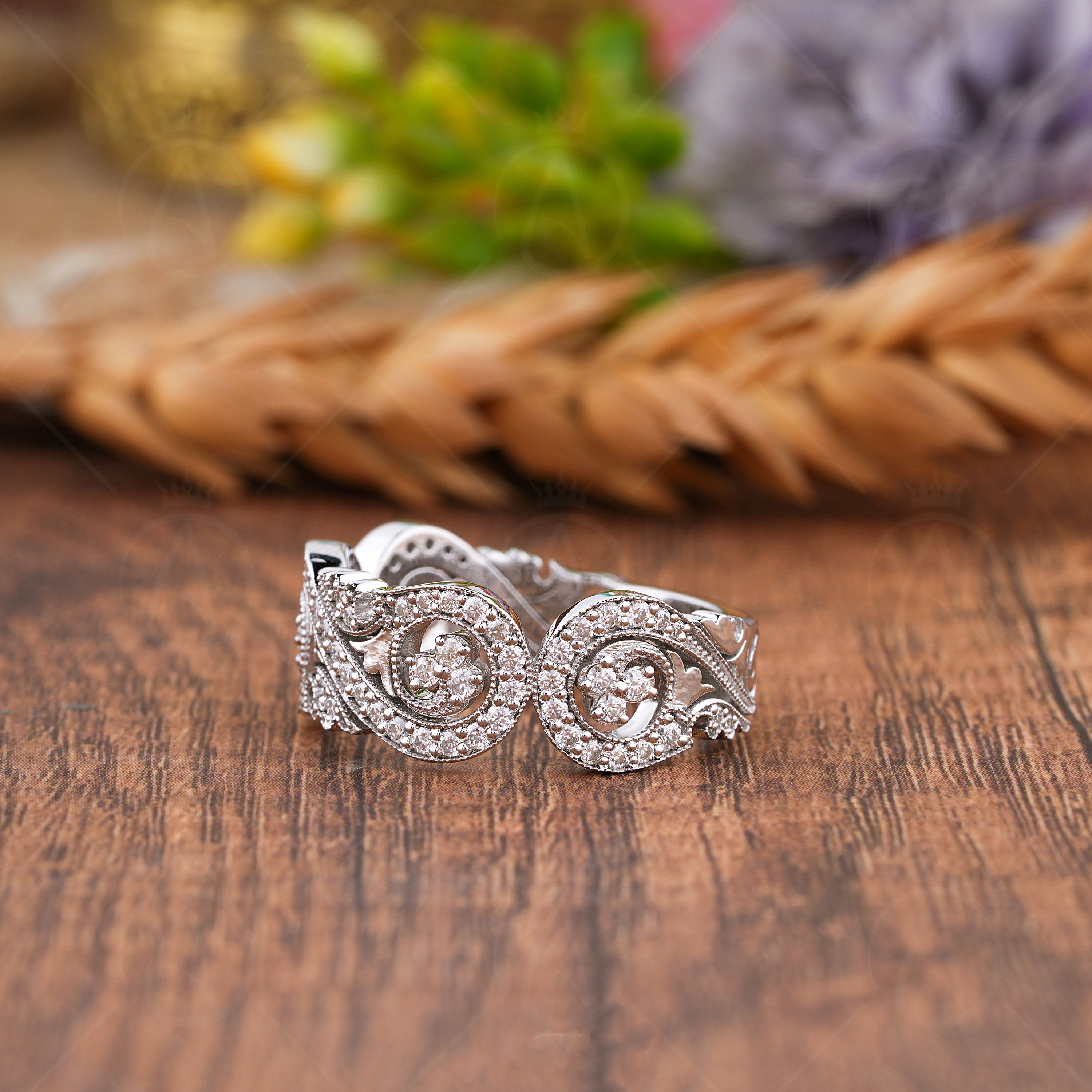 Infinity Style Art Deco Anniversary Rings, Unique Moissanite Wide Bands For Women, Vintage Milgrain Wedding Band, Statement Jewelry, Antique Inspired Ring, Unique Jewelry Ring