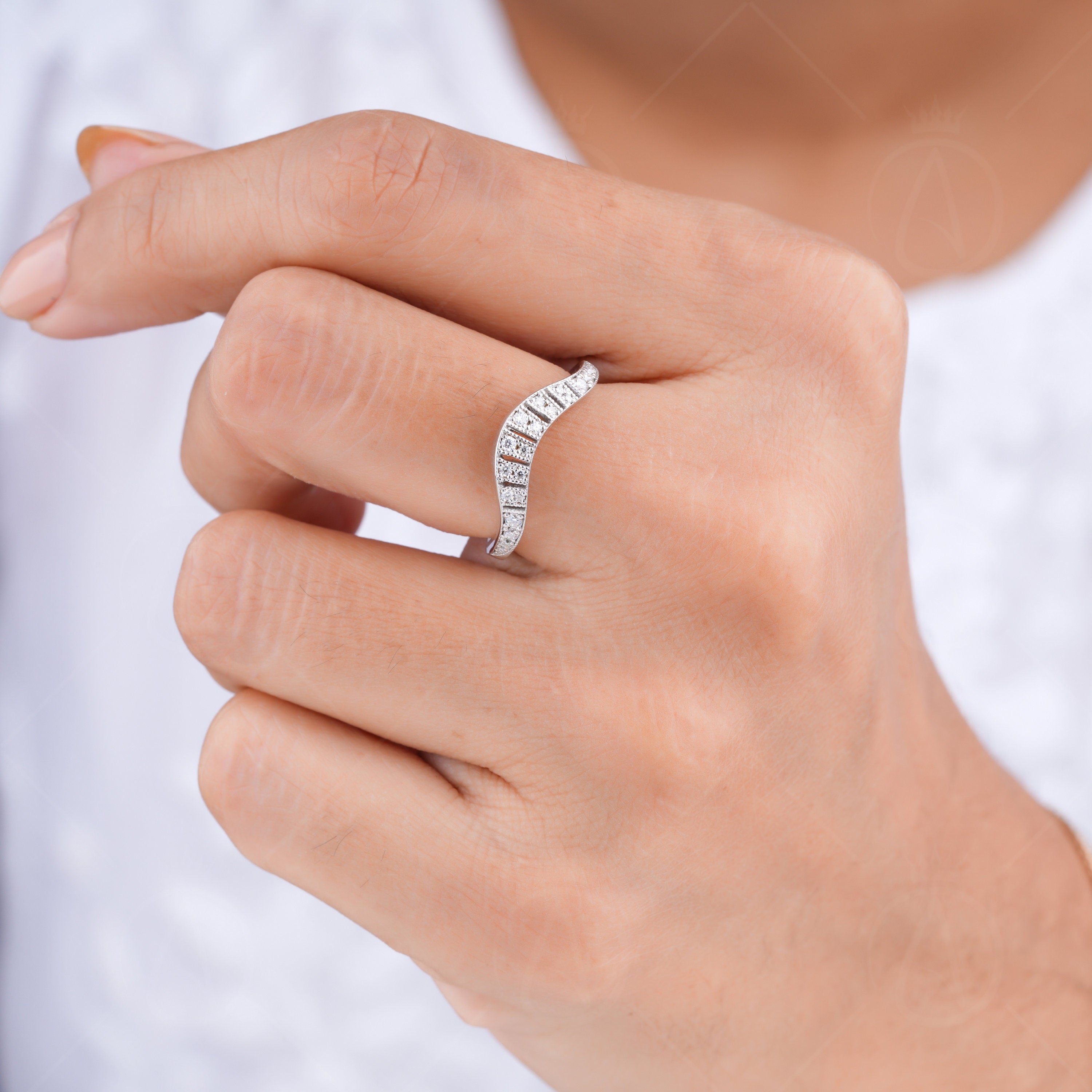 Arched Wedding Bands Women, Contour Wedding Bands Women, Vintage Curved Band For Women, Milgrain Art Deco Stackable Rings, Anniversary Ring, Bridal Matching Band, Curve Stacking Ring