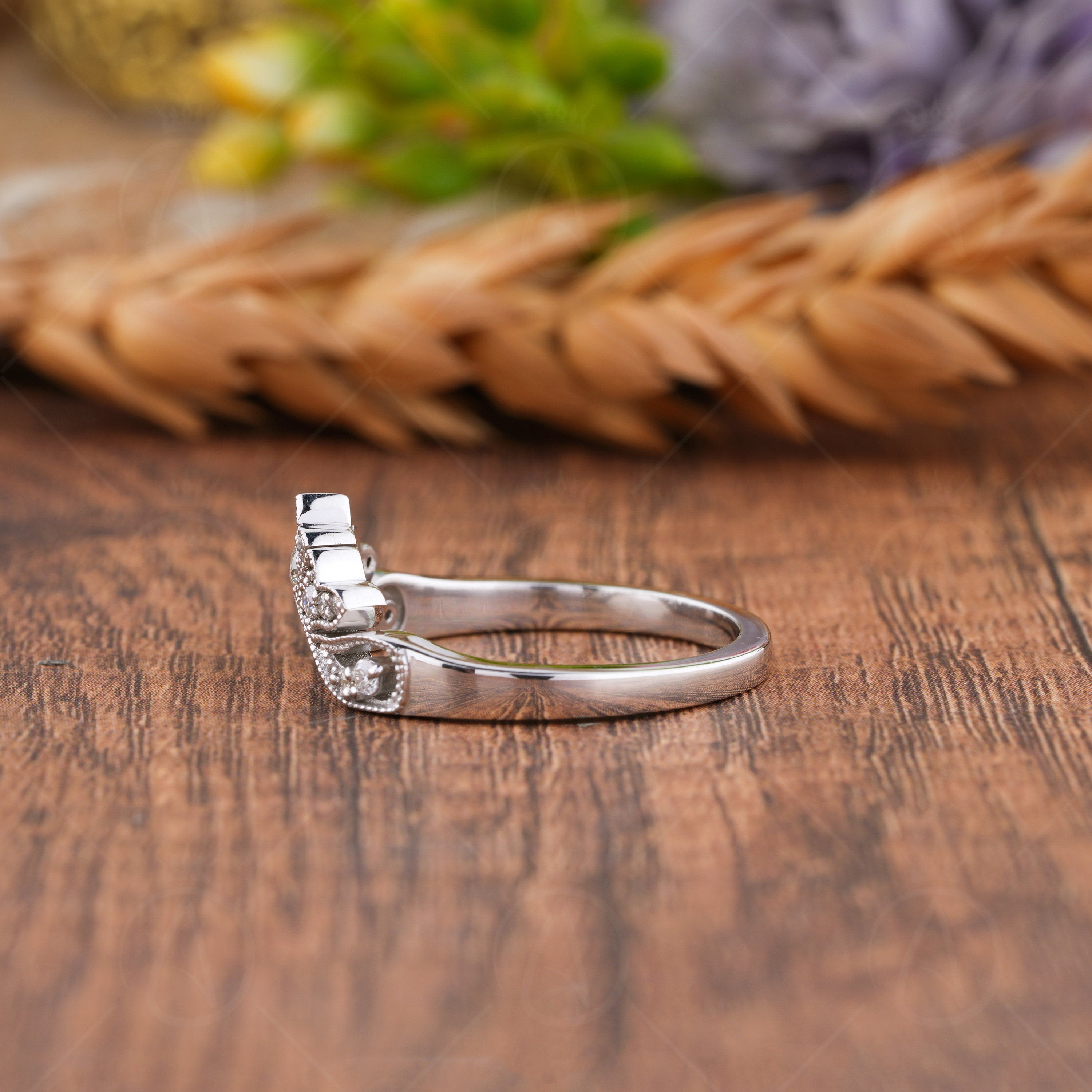 Vintage Curved Wedding Bands Women, Art Deco Moissanite Nesting Band, Contoured Stackable Rings, U Shaped Matching Band, Bridal Ring, Arched Wedding Band, Stacking Ring