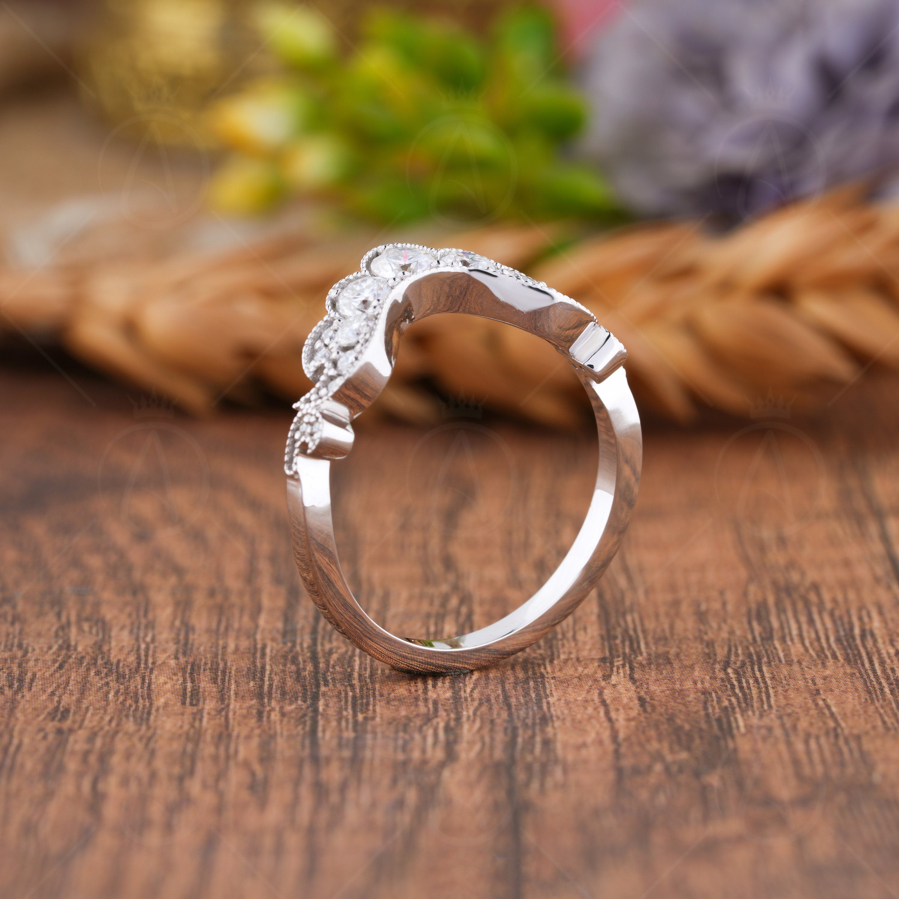 U Shaped Wedding Bands Women, Queen Crown Style Contour Band, Art Deco Vintage Moissanite Curved Band, Milgrain Anniversary Band, Matching Bridal Ring