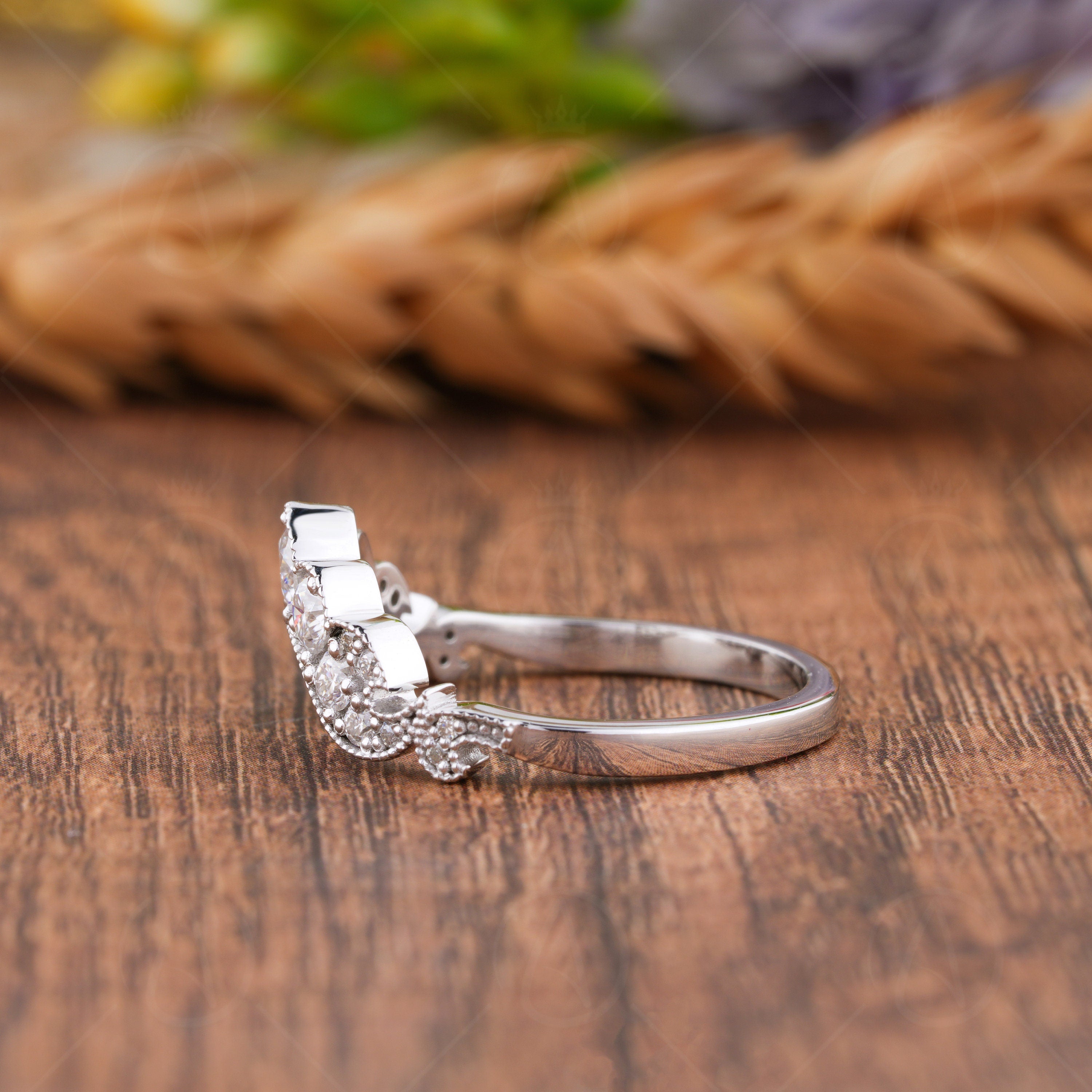 U Shaped Wedding Bands Women, Queen Crown Style Contour Band, Art Deco Vintage Moissanite Curved Band, Milgrain Anniversary Band, Matching Bridal Ring