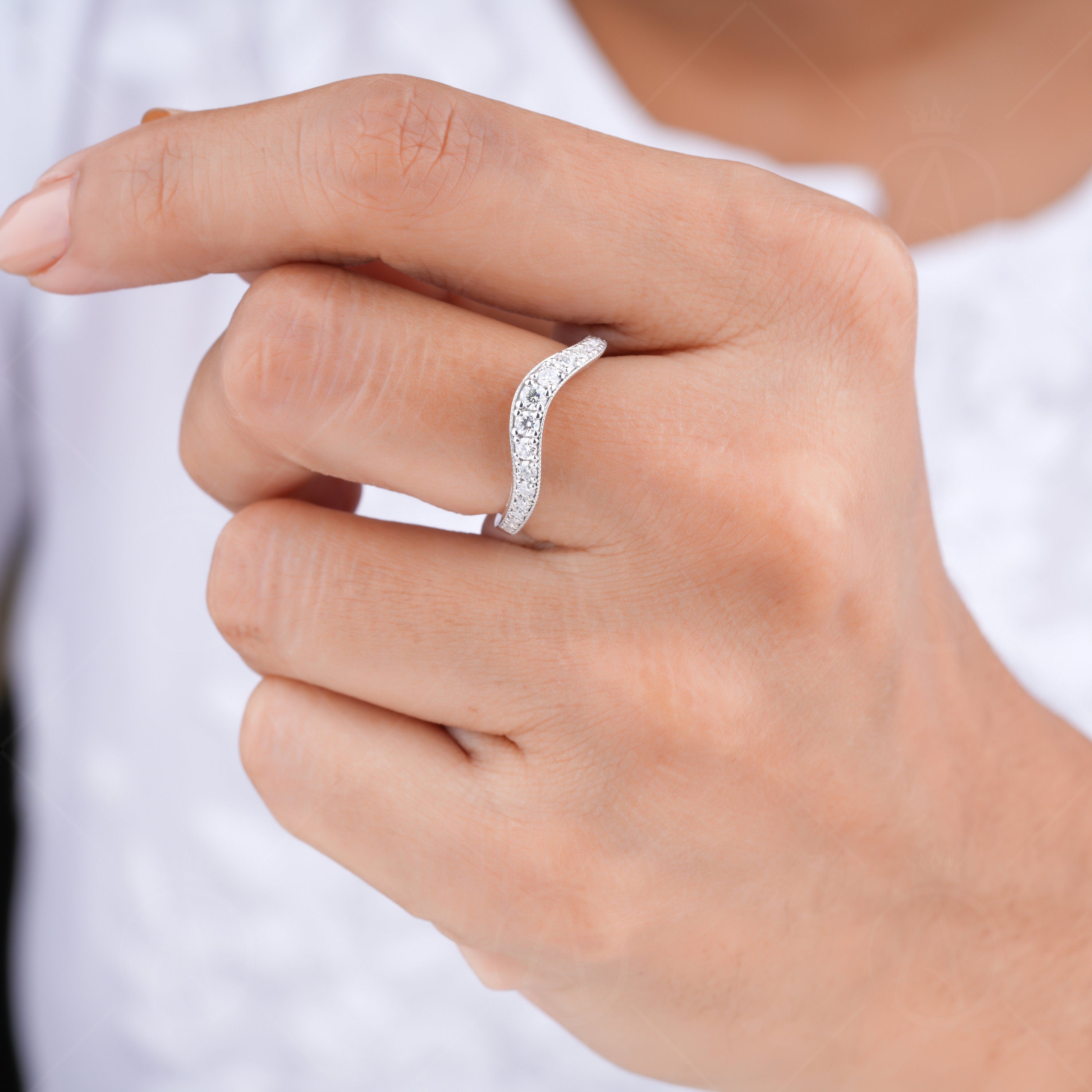 Art Deco Curved Wedding Band, U Shape Moissanite Band Women, Nesting Bridal Matching Band, Stackable Contour Ring Band, Anniversary Rings