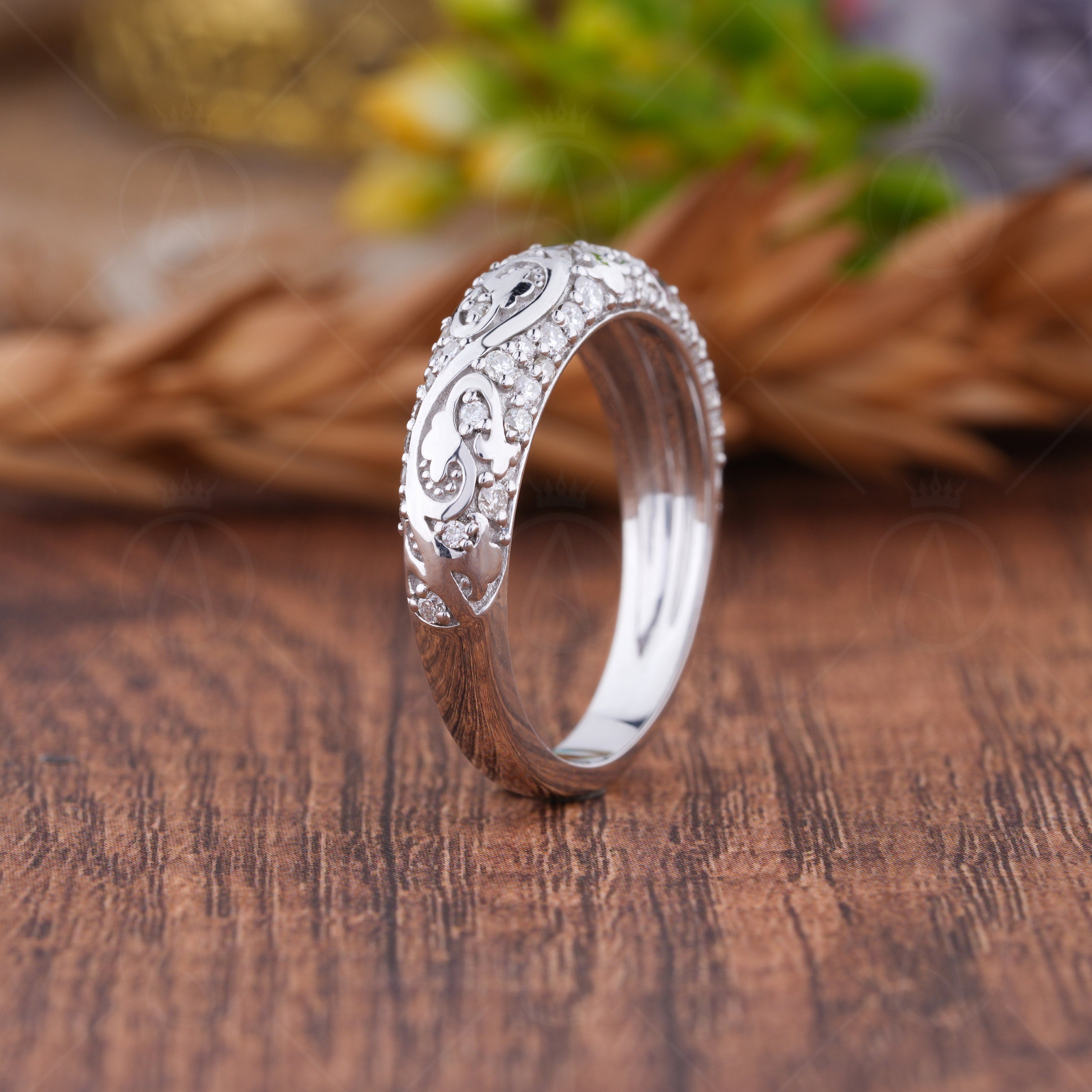 Moissanite Dome Wedding Band Women, Art Deco Vintage Anniversary Rings, Half Eternity Carved Style Band, Unique Filigree Ring For Bridal