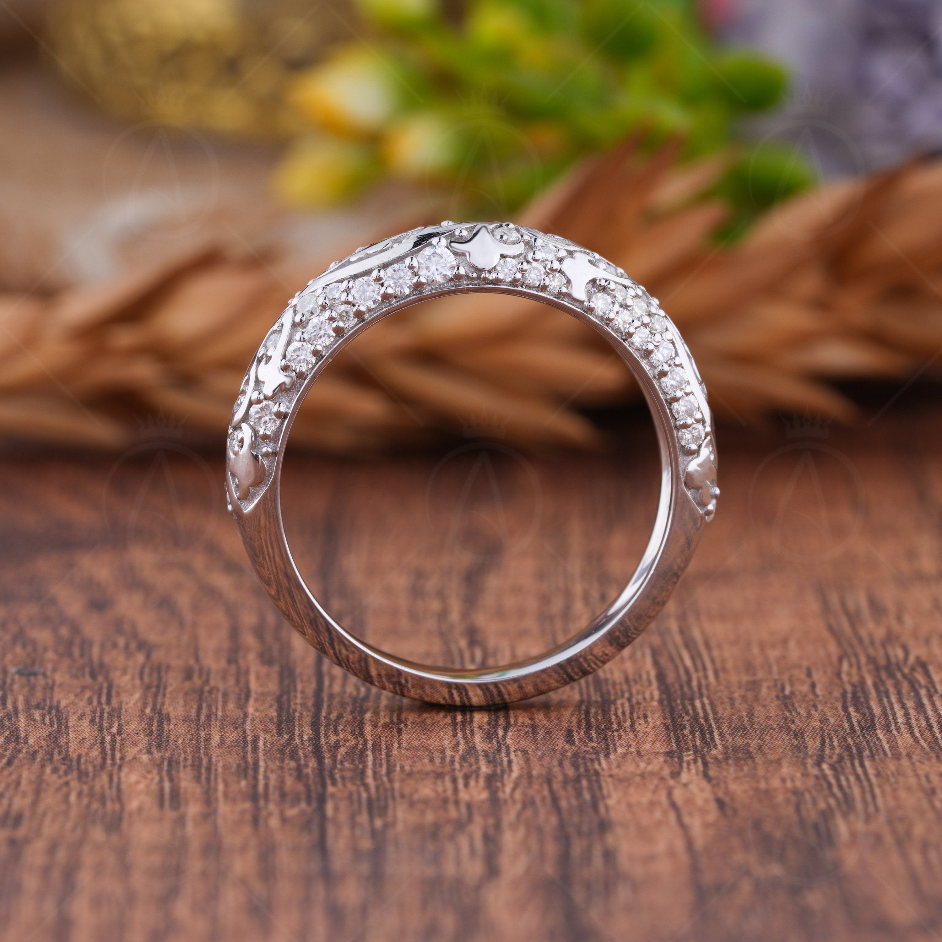 Moissanite Dome Wedding Band Women, Art Deco Vintage Anniversary Rings, Half Eternity Carved Style Band, Unique Filigree Ring For Bridal