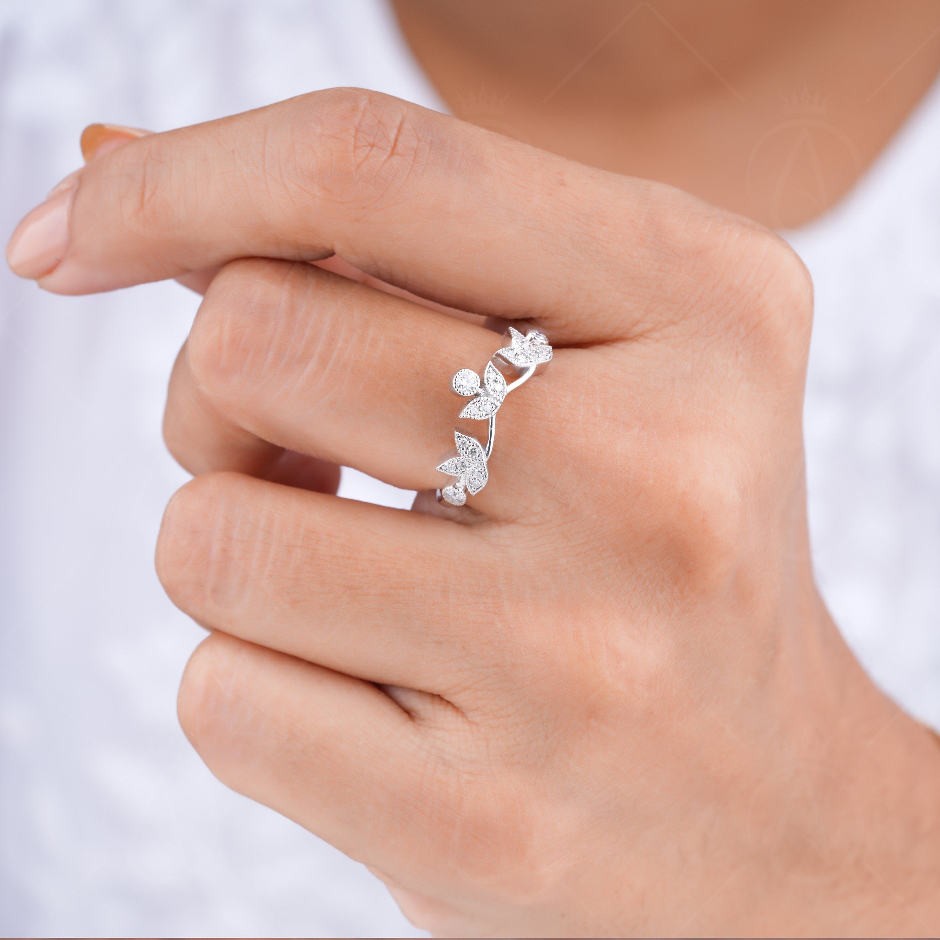 Floral Curved Wedding Band, Nature Inspired Moissanite Band For Women, Leaf Wishbone Ring, Flower Stackable Rings, Bridal Matching Band