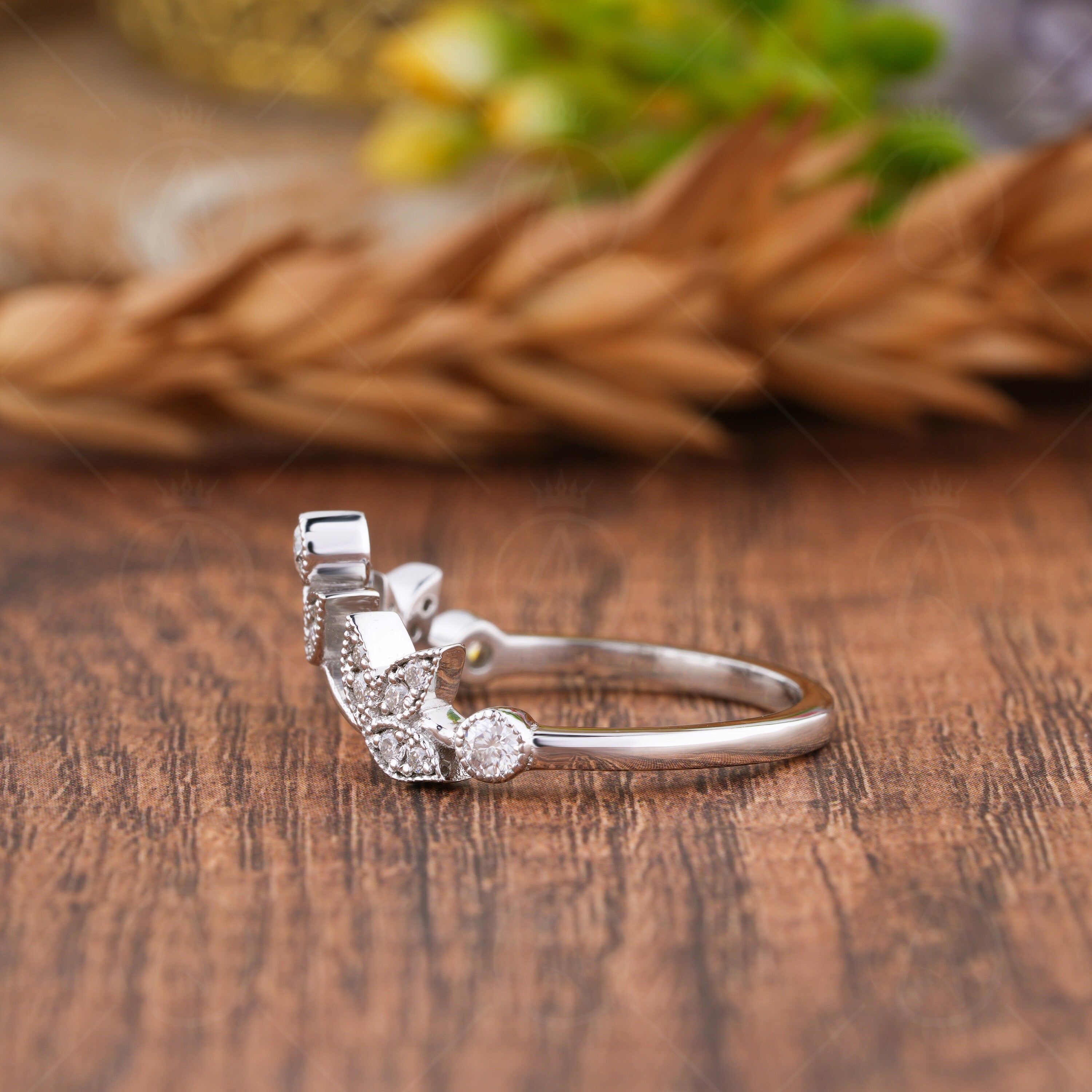 Floral Curved Wedding Band, Nature Inspired Moissanite Band For Women, Leaf Wishbone Ring, Flower Stackable Rings, Bridal Matching Band