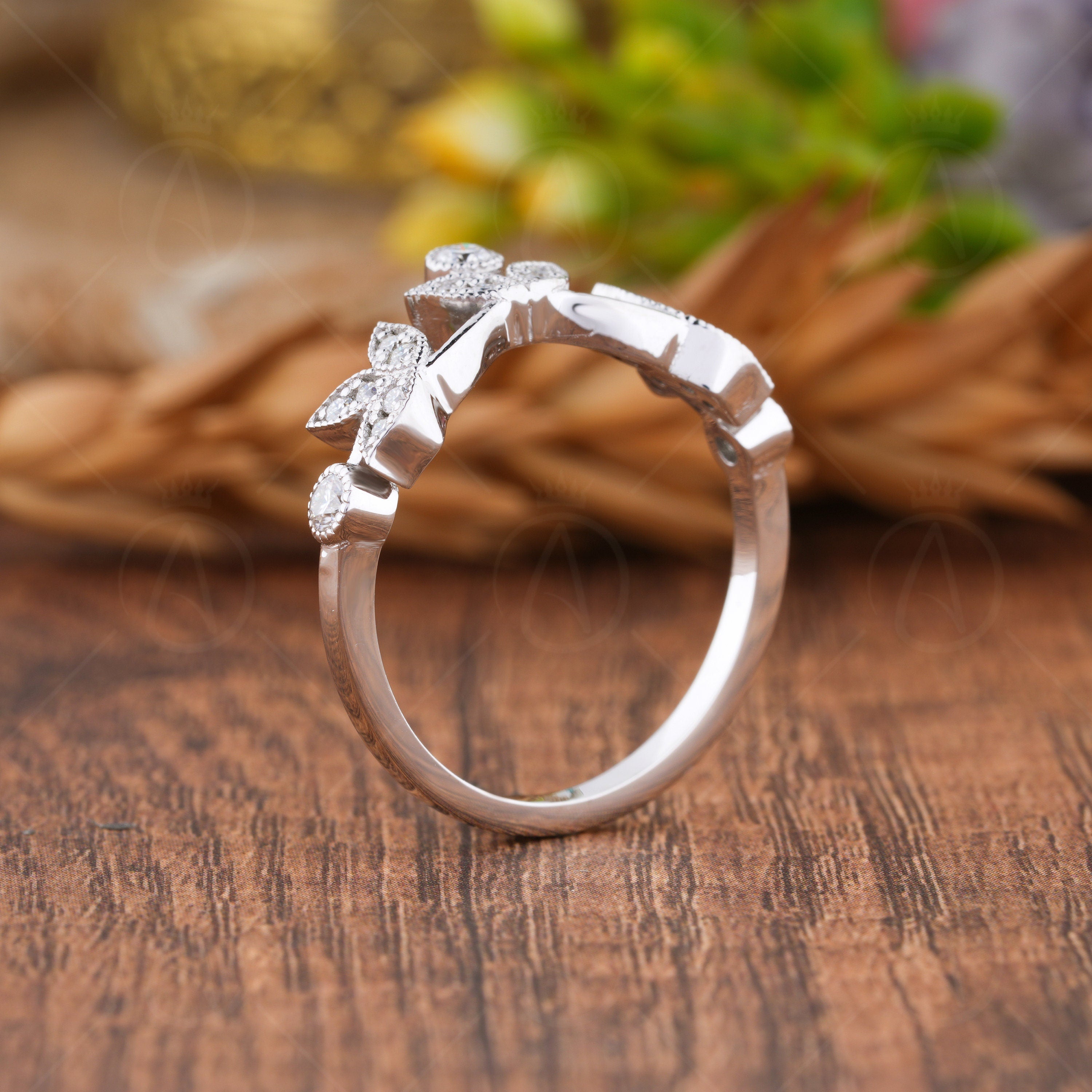 Floral Curved Wedding Band, Nature Inspired Moissanite Band For Women, Leaf Wishbone Ring, Flower Stackable Rings, Bridal Matching Band