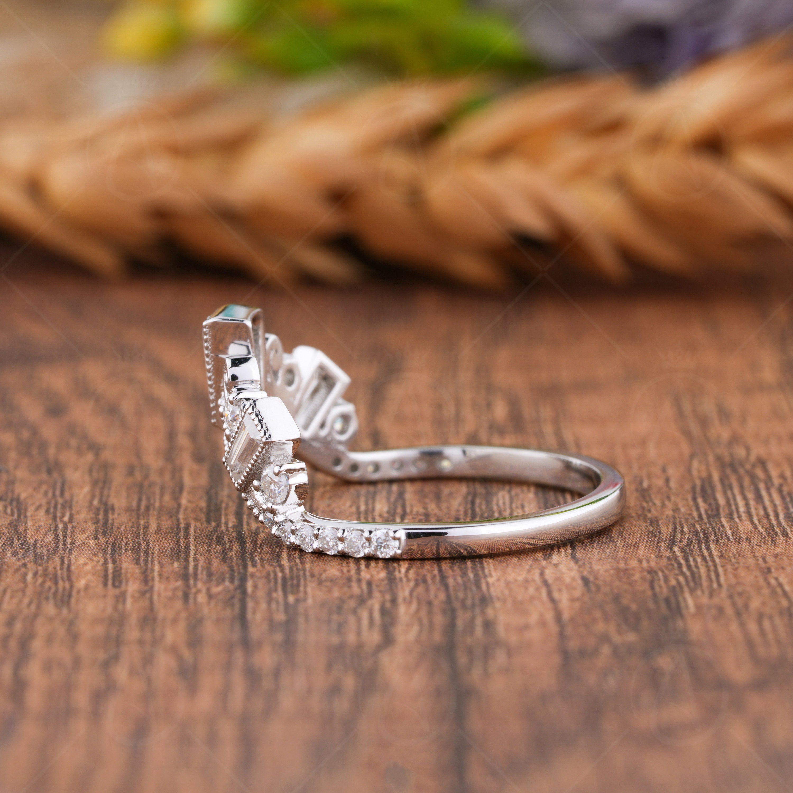 Curved Stackable Ring, Moissanite Filigree Wedding Band, Tiara Crown Style U Shaped Contour Band, Art Deco Matching Band, Womens Unique Ring, Nesting Band Ring, White Gold Stacking Ring, Bridal Band For Wedding