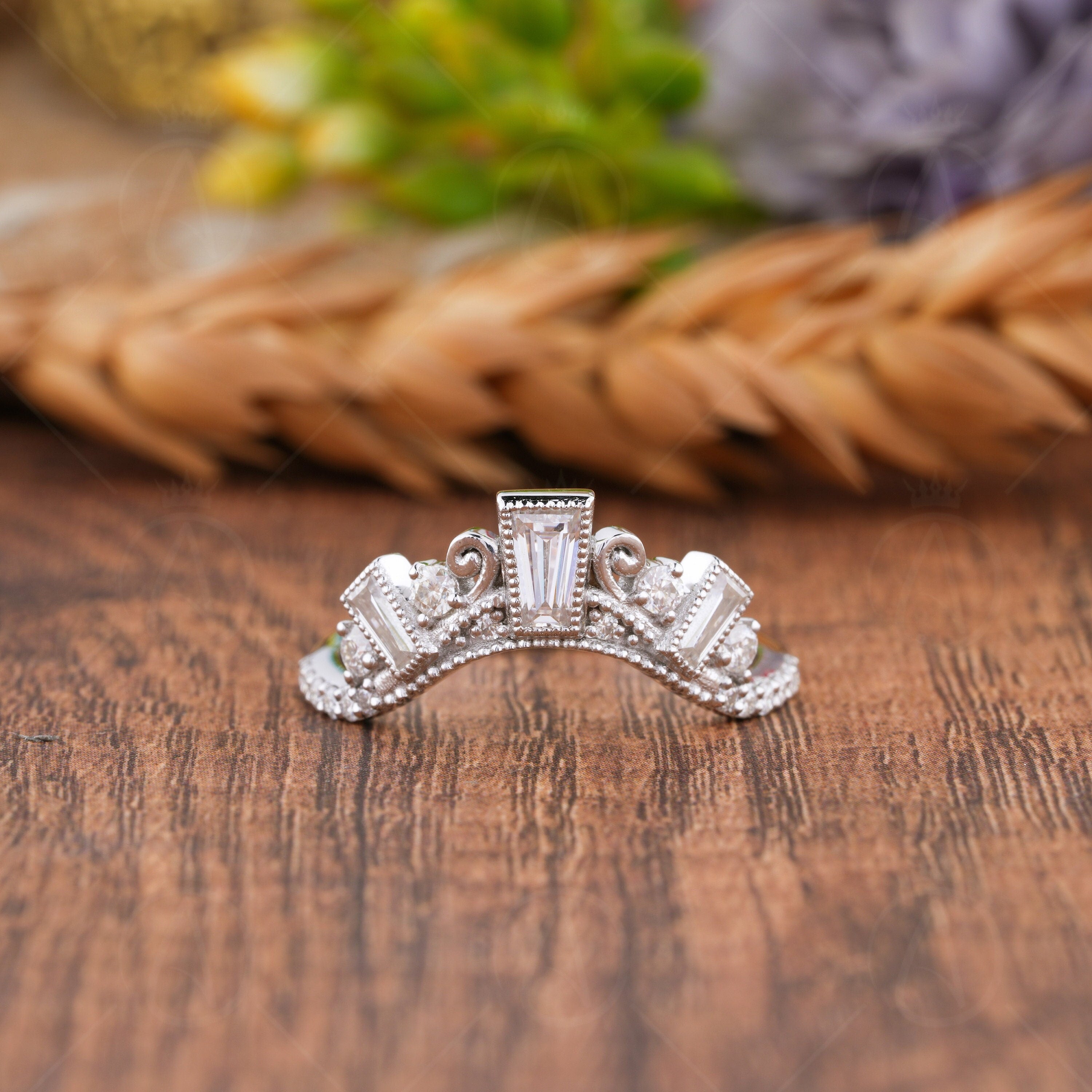 Curved Stackable Ring, Moissanite Filigree Wedding Band, Tiara Crown Style U Shaped Contour Band, Art Deco Matching Band, Womens Unique Ring, Nesting Band Ring, White Gold Stacking Ring, Bridal Band For Wedding