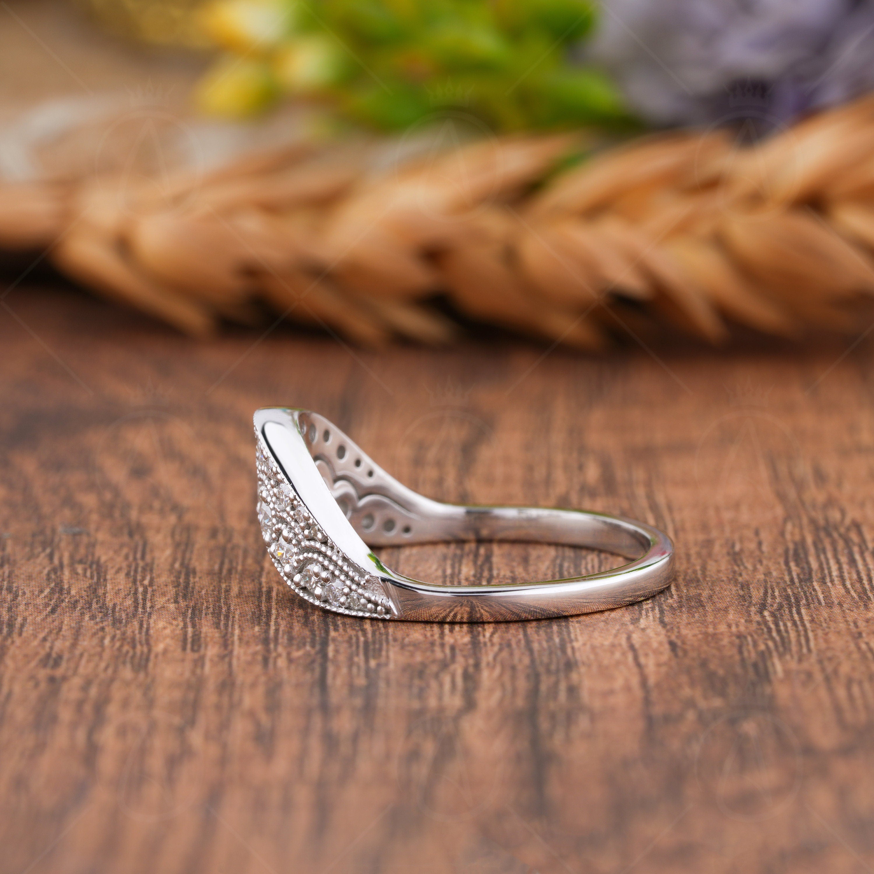 Arched Wedding Bands Women, Moissanite Vintage Curved Band, Art Deco Contour Stackable Rings, Unique Milgrain Ring For Wedding, Matching Bridal Ring, Curve Stacking Ring