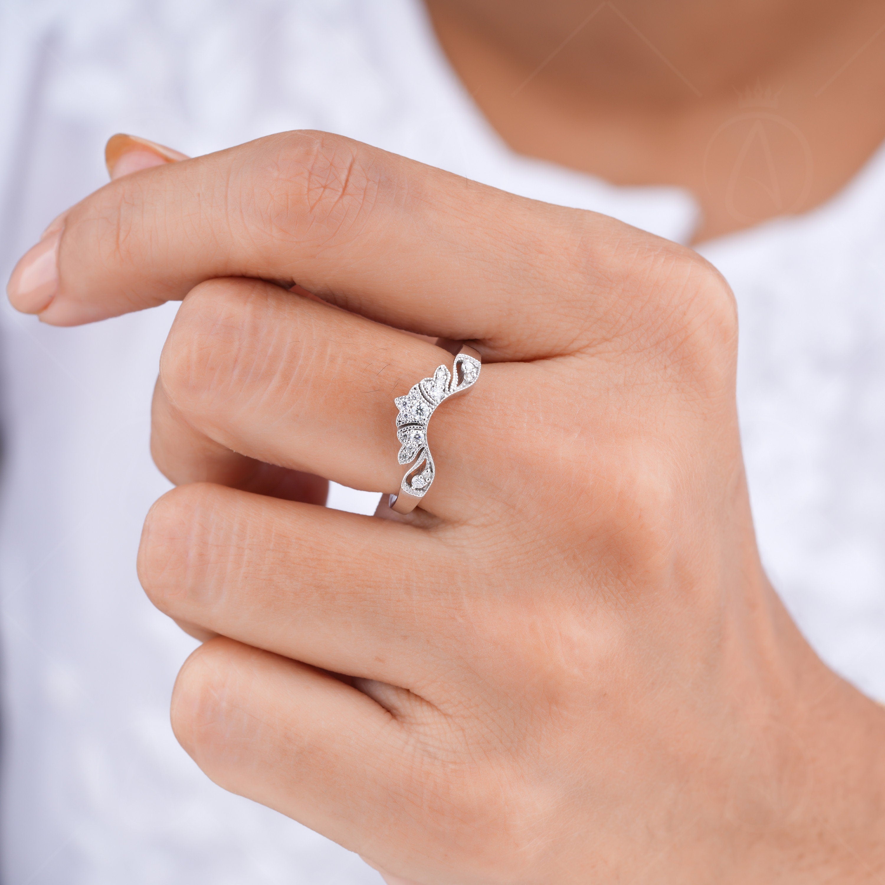 Vintage Curved Wedding Bands Women, Art Deco Moissanite Nesting Band, Contoured Stackable Rings, U Shaped Matching Band, Bridal Ring, Arched Wedding Band, Stacking Ring