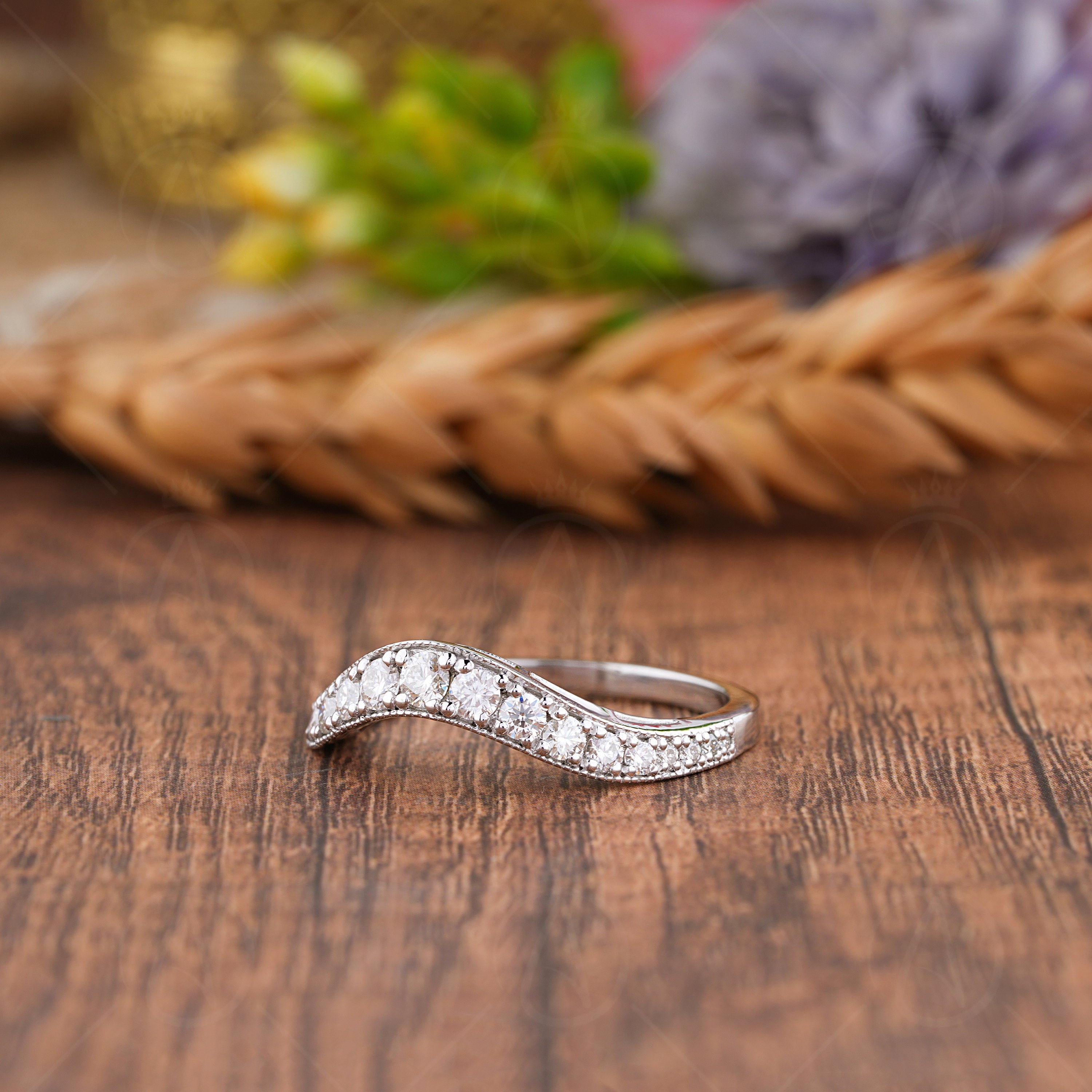 Art Deco Curved Wedding Band, U Shape Moissanite Band Women, Nesting Bridal Matching Band, Stackable Contour Ring Band, Anniversary Rings