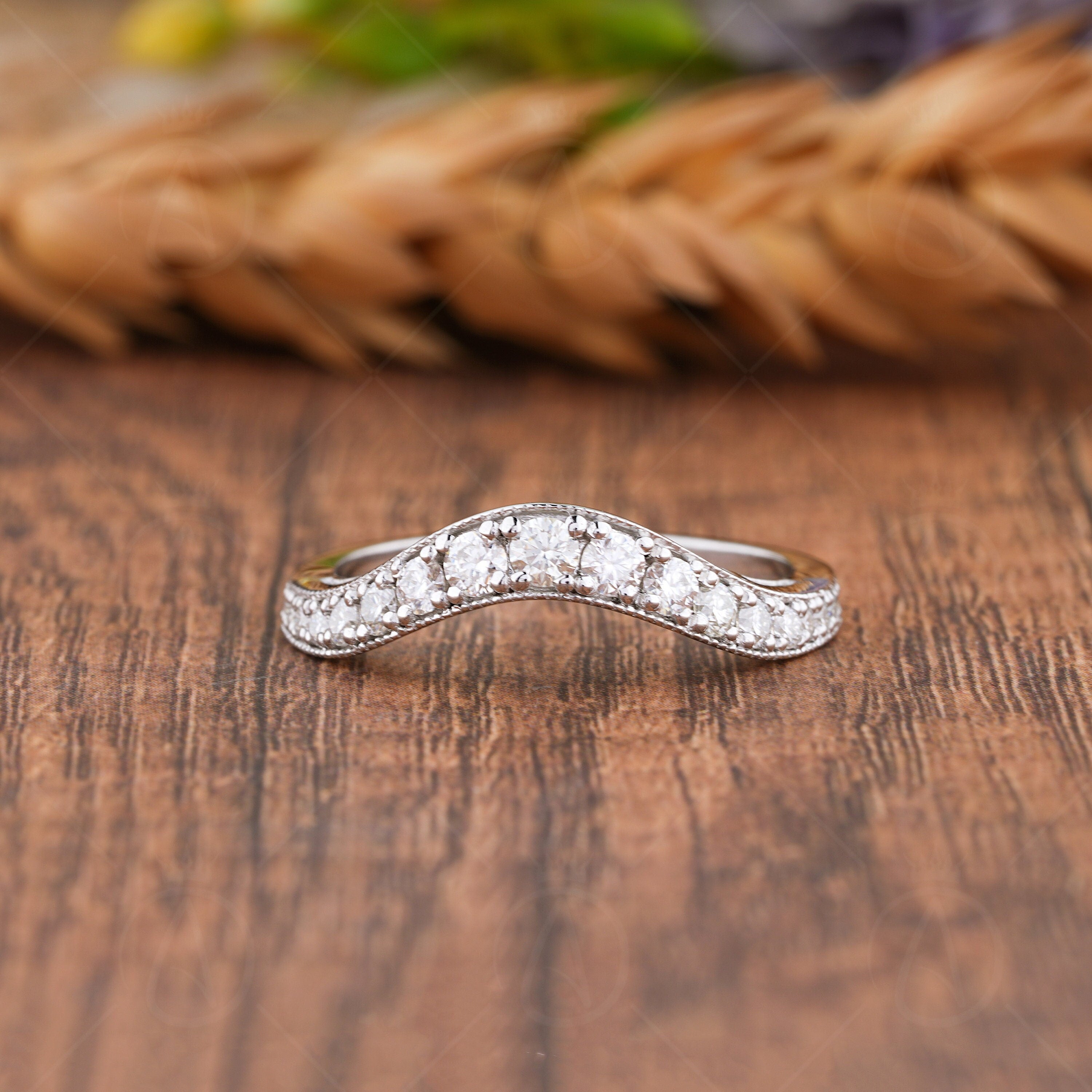 Art Deco Curved Wedding Band, U Shape Moissanite Band Women, Nesting Bridal Matching Band, Stackable Contour Ring Band, Anniversary Rings