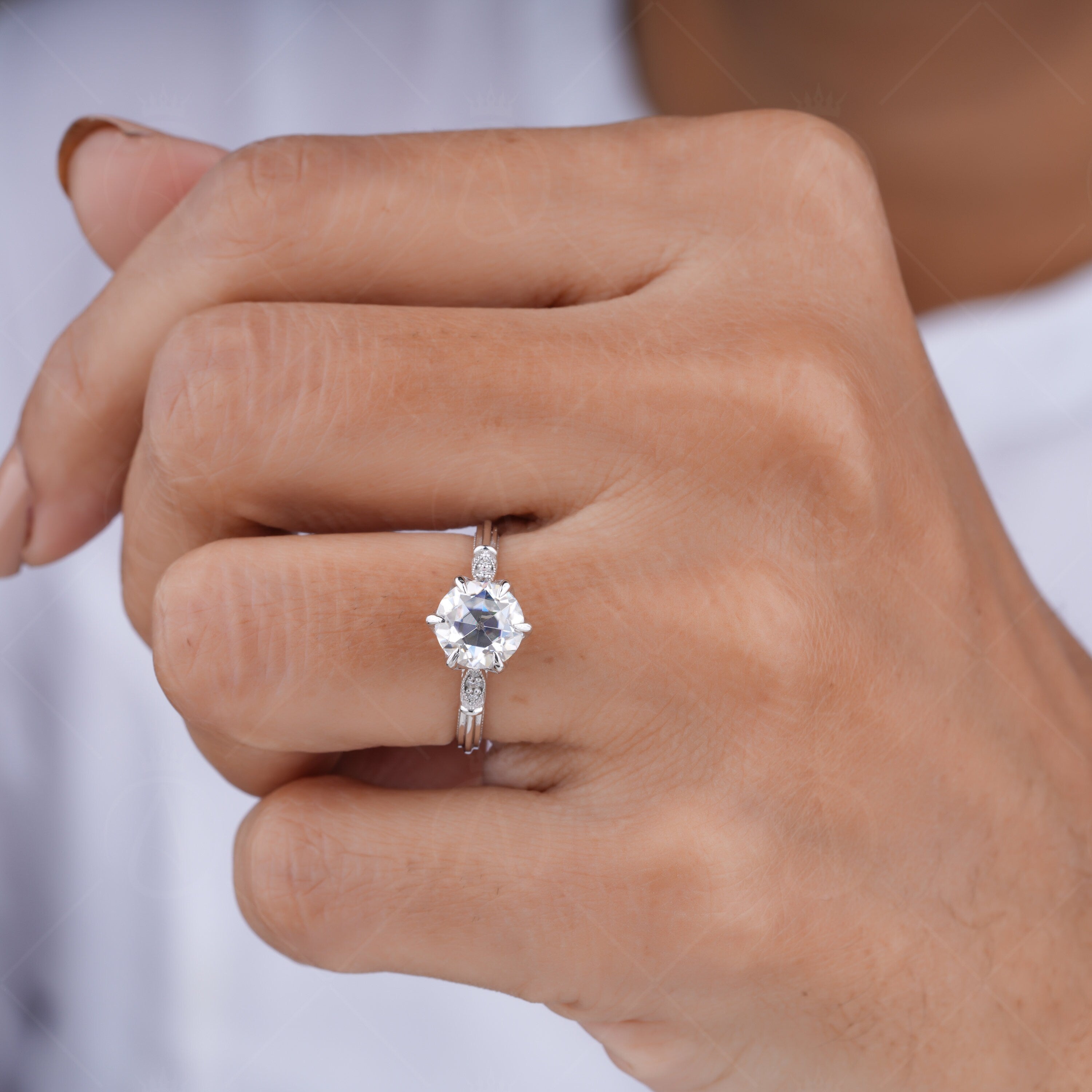 Old European Cut Moissanite Solitaire Engagement Ring, Tulip Setting Old Mine Cut Ring, Antique Vintage Filigree Rings For Women, OMC Moissanite Diamond Ring, OEC Moissanite Ring, Art Deco Nature Inspired Ring, Flower Petal Ring