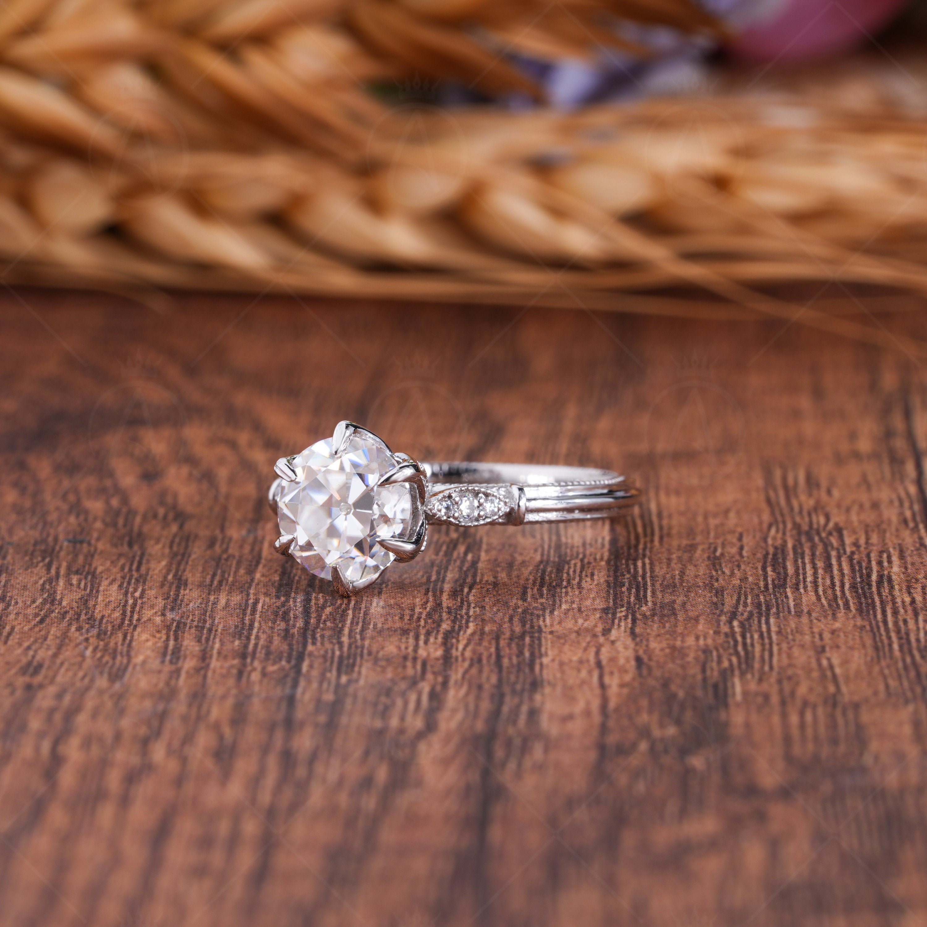 Old European Cut Moissanite Solitaire Engagement Ring, Tulip Setting Old Mine Cut Ring, Antique Vintage Filigree Rings For Women, OMC Moissanite Diamond Ring, OEC Moissanite Ring, Art Deco Nature Inspired Ring, Flower Petal Ring