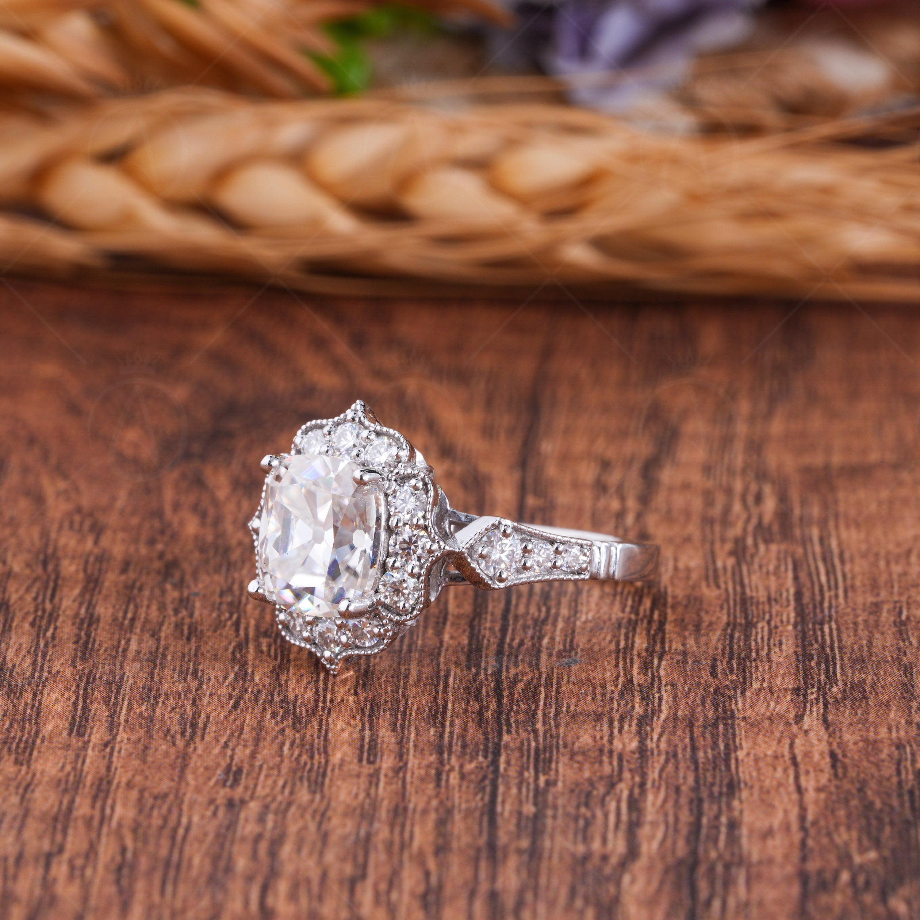 Antique Old European Cut Cushion Cut Engagement Ring, Vintage OEC Moissanite Flower Ring, Old Mine Cut Art Deco Milgrain Rings For Women, Nature Inspired Floral Ring, Elongated Cushion Cut Ring, Vintage Filigree Ring
