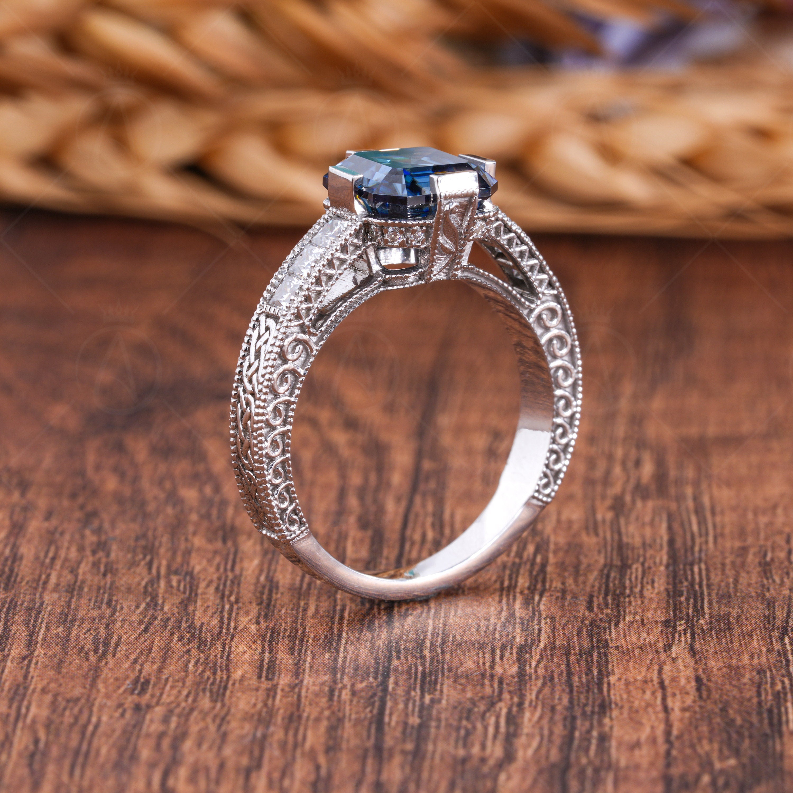 Electric Dark Blue Moissanite Asscher Cut Engagement Ring, Antique Vintage Carved Ring, Art Deco Filigree Rings For Women, Unique Ring, Engraved Vintage Ring, Blue Moissanite Ring
