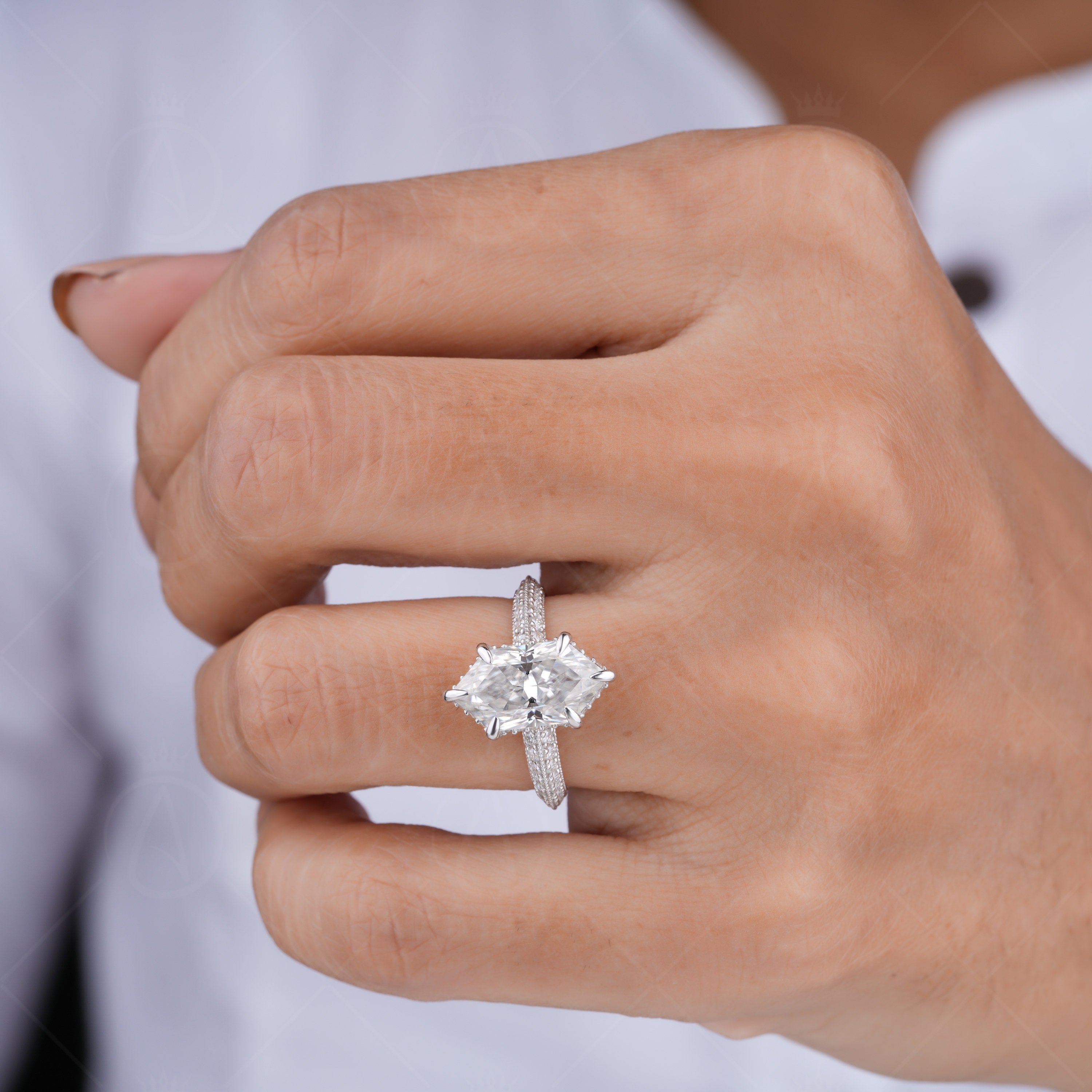 Dutch Marquise Cut Moissanite Solitaire Engagement Ring, Knife Edge Solitaire Ring With Hidden Halo, Art Deco Milgrain Ring For Women